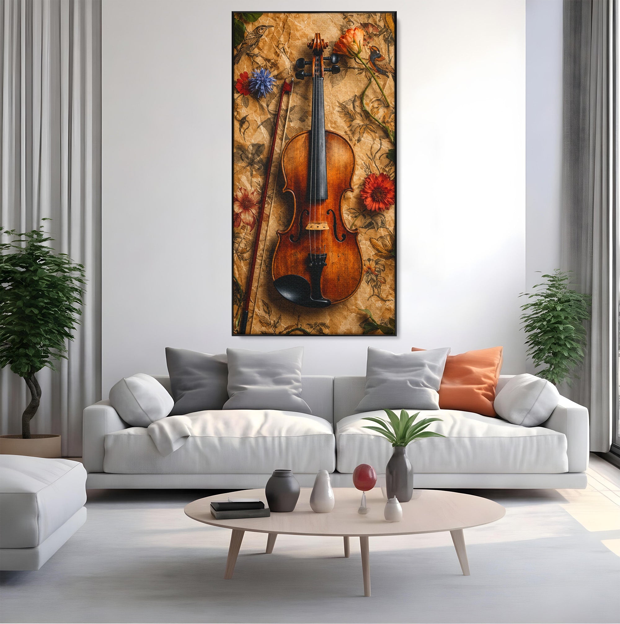 Tablou Canvas Premium LuxCanva® R1023, Vioara Vintage, Vioara, Flori, Vintage, Muzica, Living, Culori Vibrante