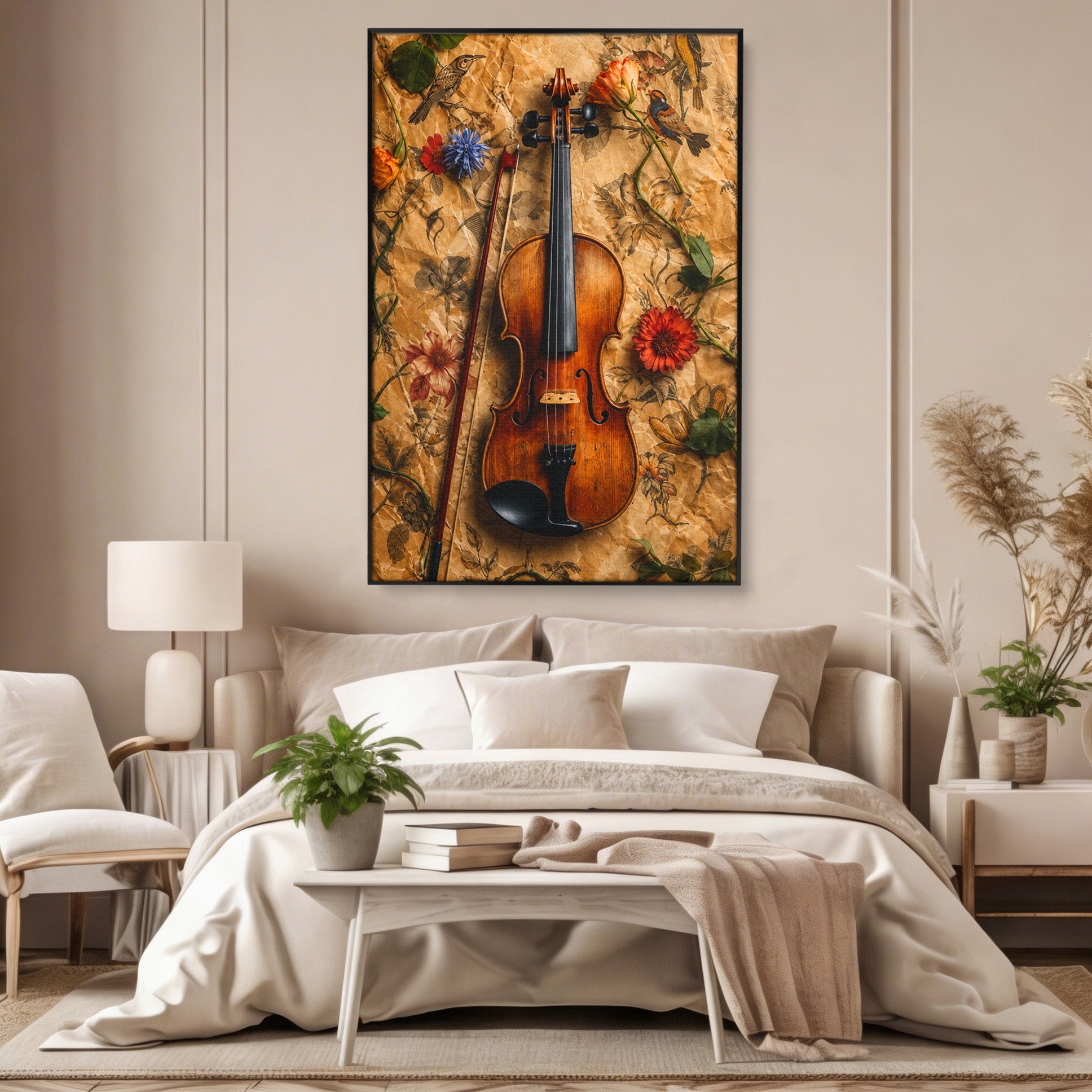 Tablou Canvas Premium LuxCanva® R1023, Vioara Vintage, Vioara, Flori, Vintage, Muzica, Living, Culori Vibrante