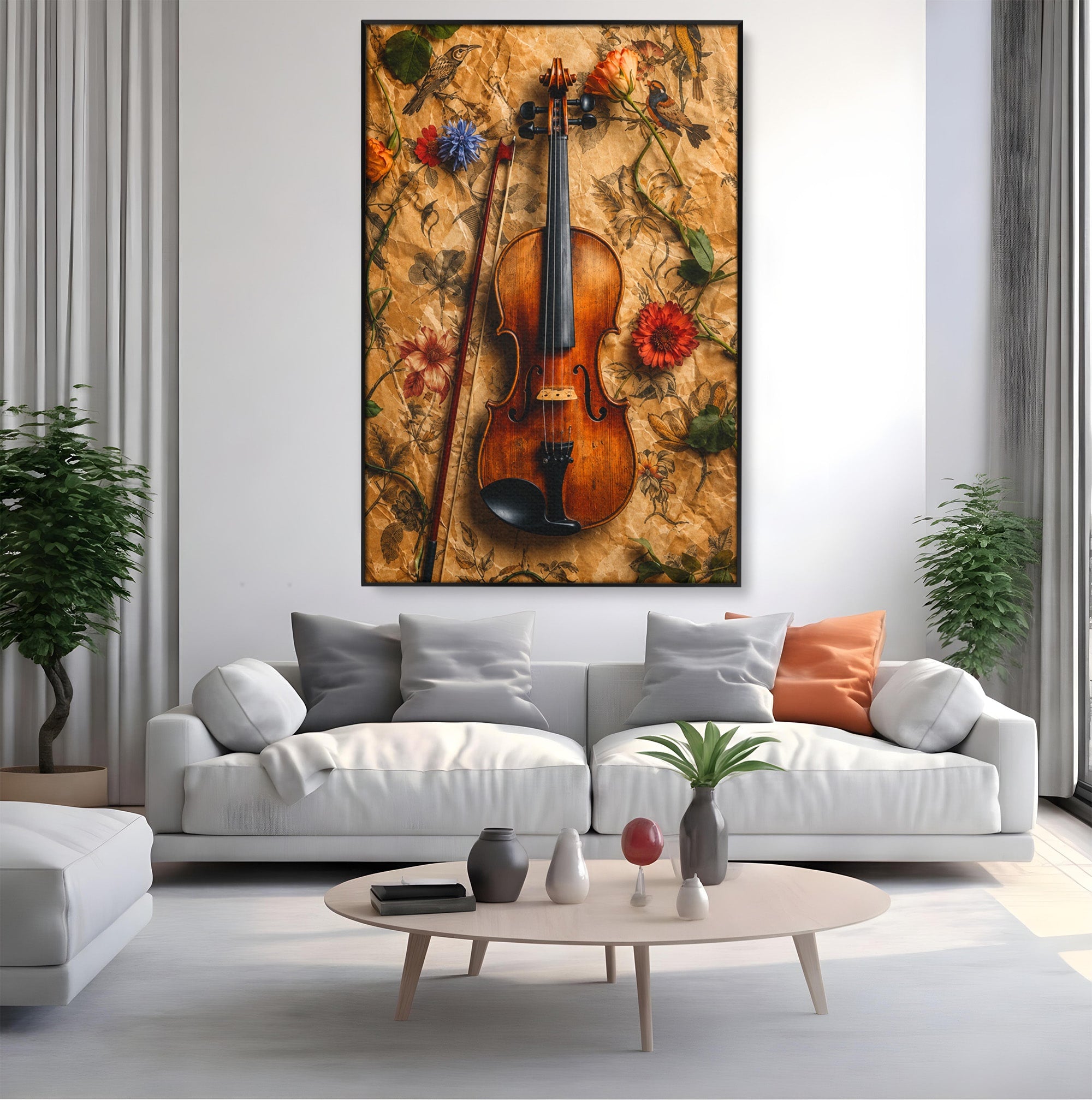 Tablou Canvas Premium LuxCanva® R1023, Vioara Vintage, Vioara, Flori, Vintage, Muzica, Living, Culori Vibrante