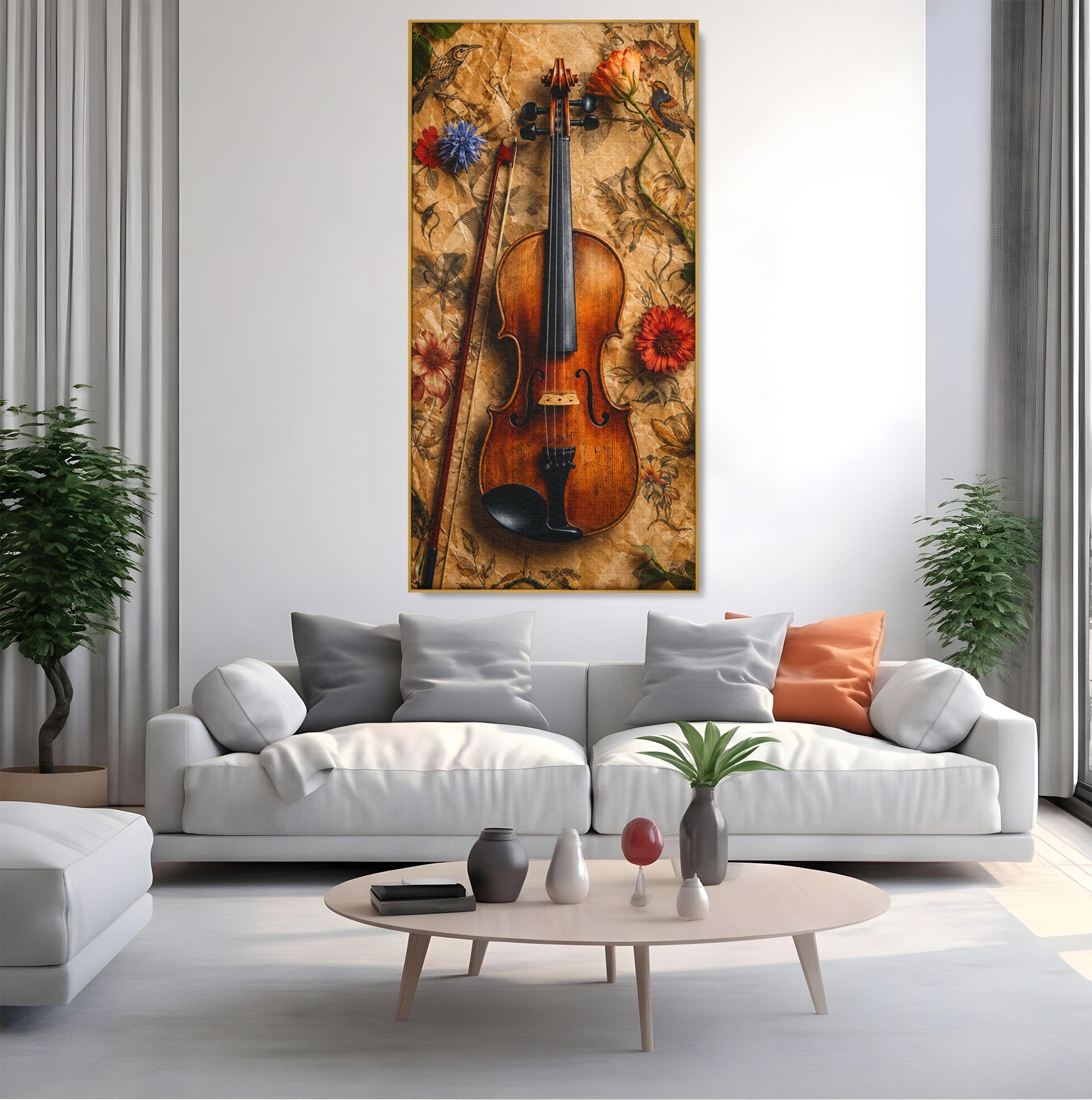 Tablou Canvas Premium LuxCanva® R1023, Vioara Vintage, Vioara, Flori, Vintage, Muzica, Living, Culori Vibrante