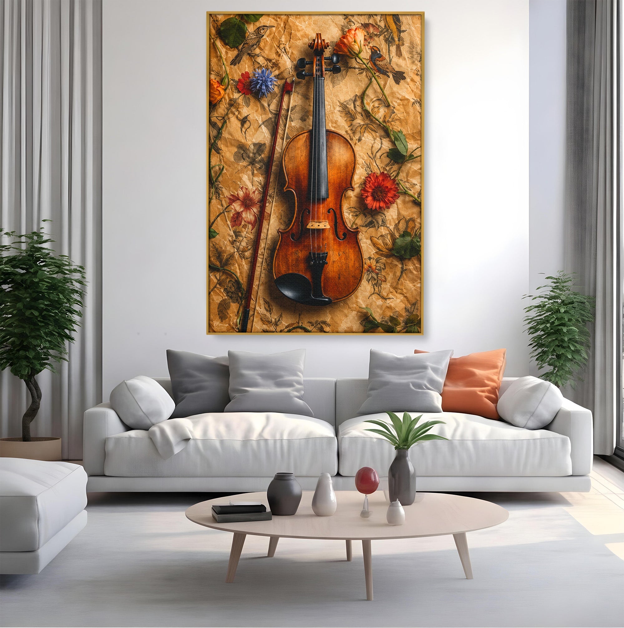 Tablou Canvas Premium LuxCanva® R1023, Vioara Vintage, Vioara, Flori, Vintage, Muzica, Living, Culori Vibrante