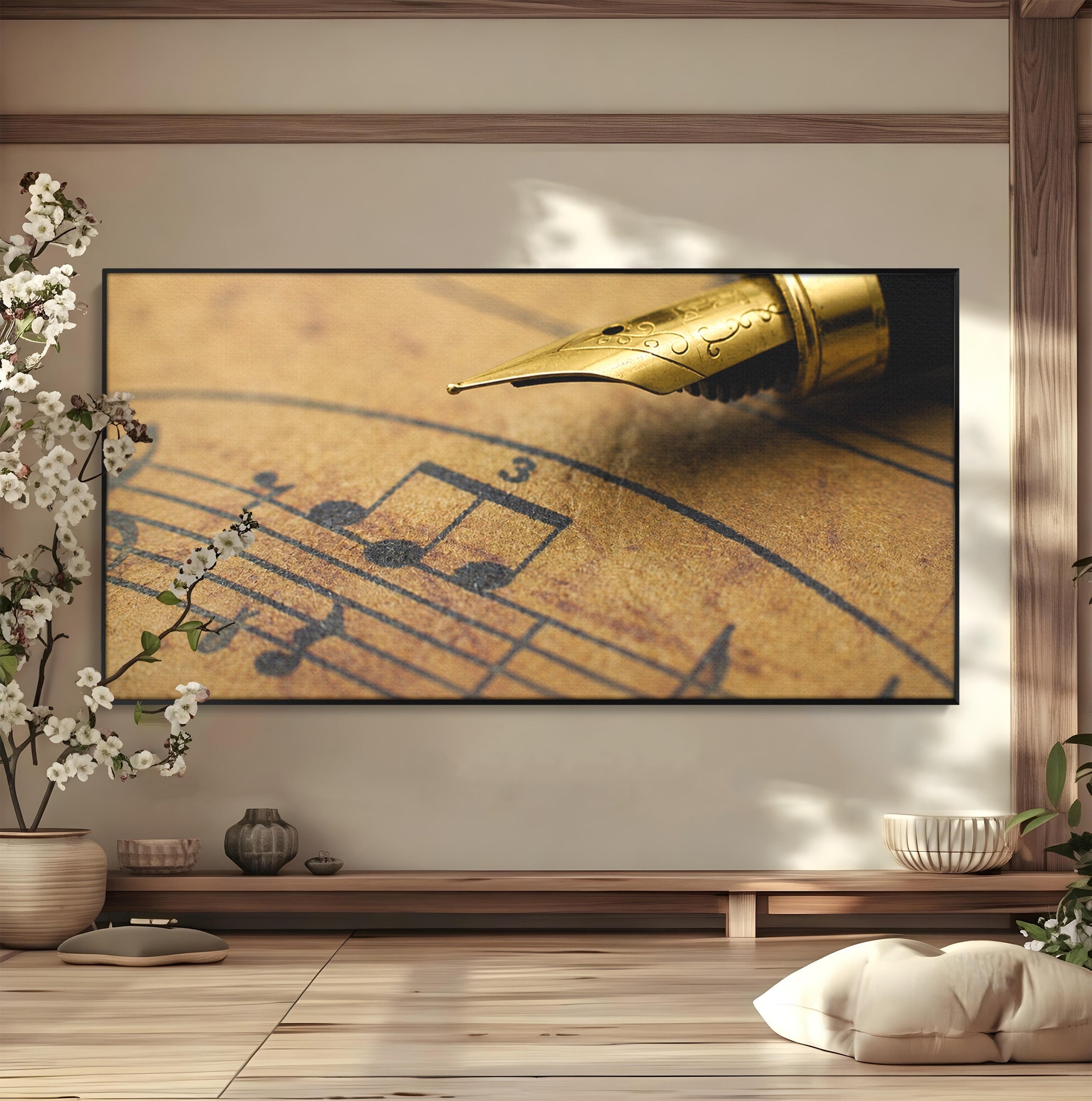 Tablou Canvas Premium LuxCanva® R1024, Armonii Muzicale, Muzica, Partitura, Stilou, Insemnari, Birou, Vintage, Culori Vibrante
