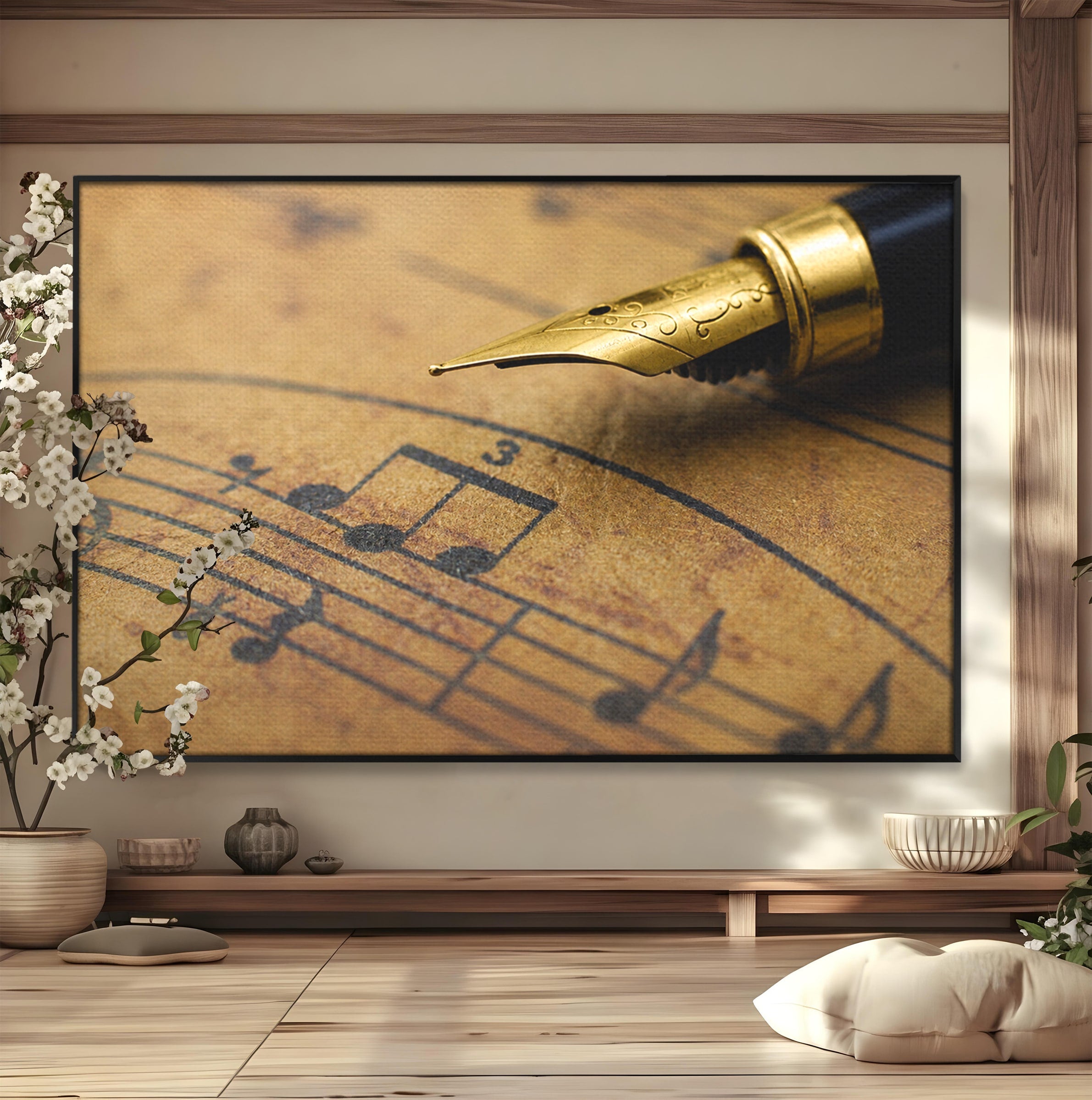 Tablou Canvas Premium LuxCanva® R1024, Armonii Muzicale, Muzica, Partitura, Stilou, Insemnari, Birou, Vintage, Culori Vibrante