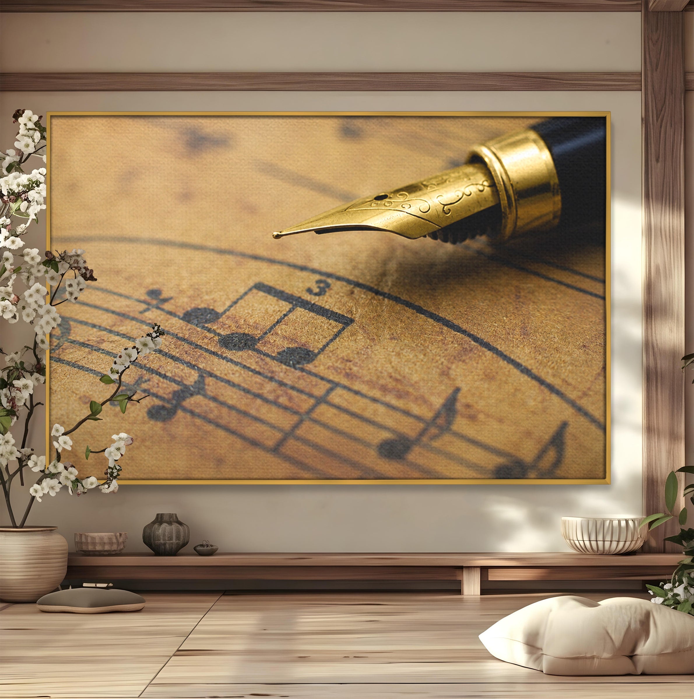 Tablou Canvas Premium LuxCanva® R1024, Armonii Muzicale, Muzica, Partitura, Stilou, Insemnari, Birou, Vintage, Culori Vibrante