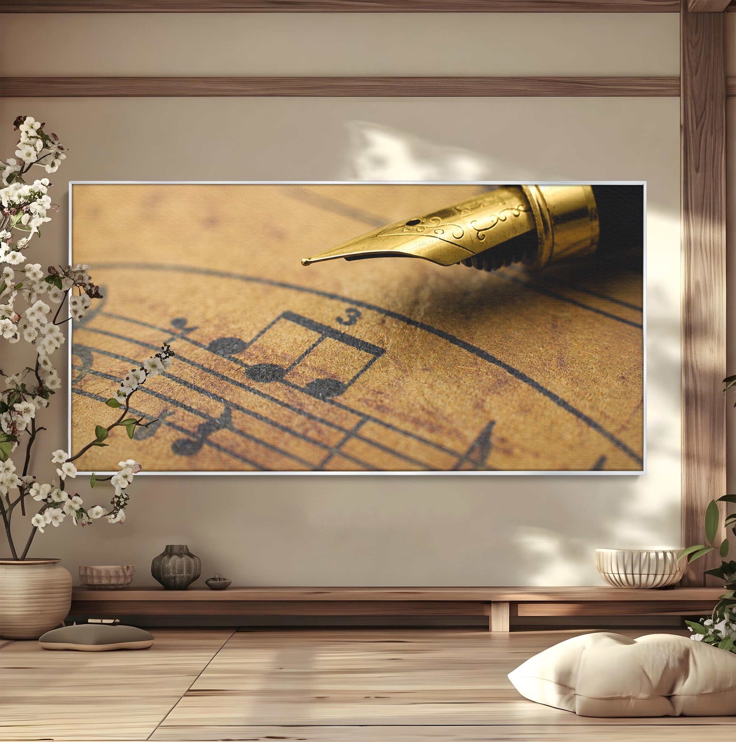 Tablou Canvas Premium LuxCanva® R1024, Armonii Muzicale, Muzica, Partitura, Stilou, Insemnari, Birou, Vintage, Culori Vibrante