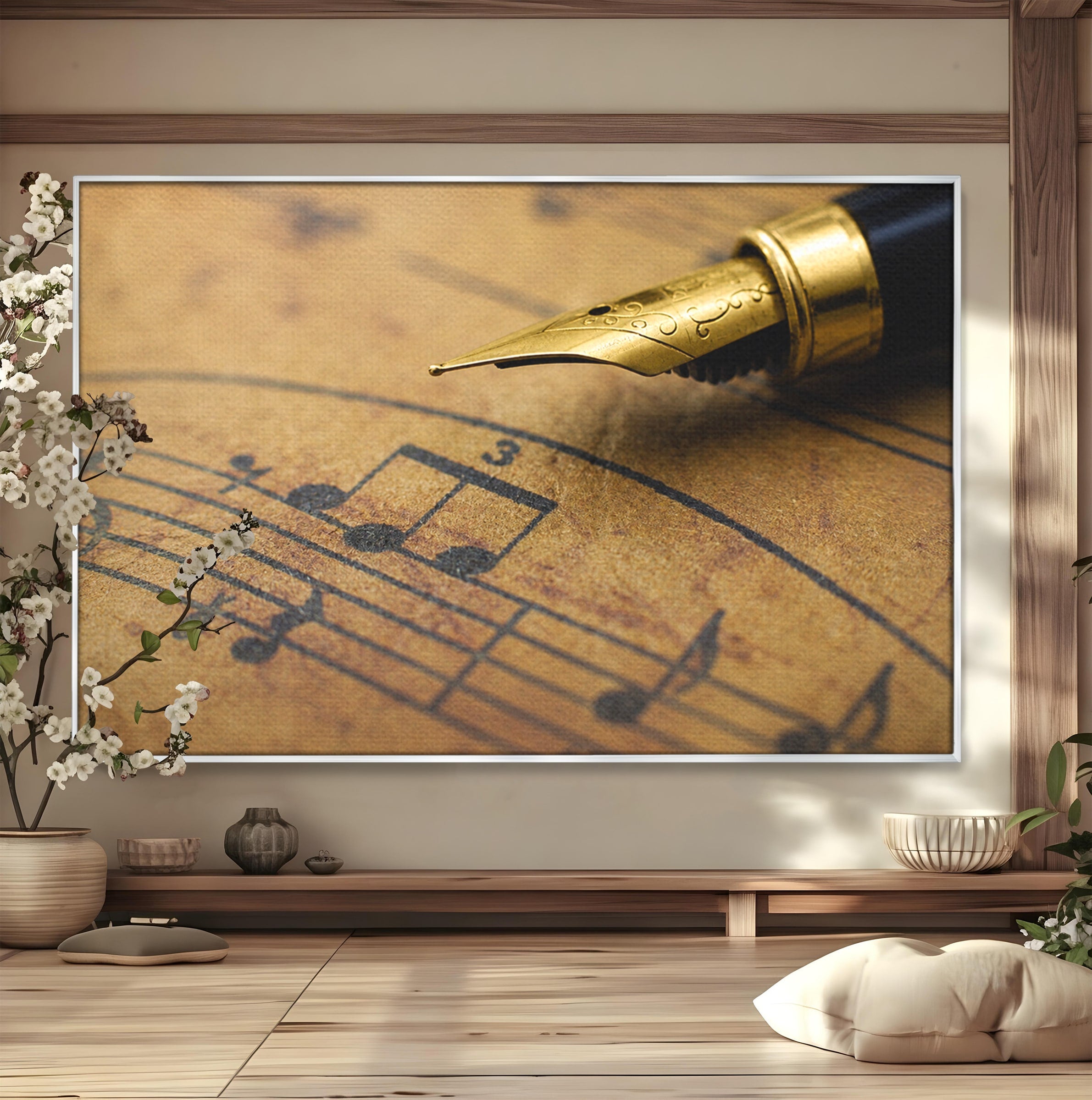 Tablou Canvas Premium LuxCanva® R1024, Armonii Muzicale, Muzica, Partitura, Stilou, Insemnari, Birou, Vintage, Culori Vibrante