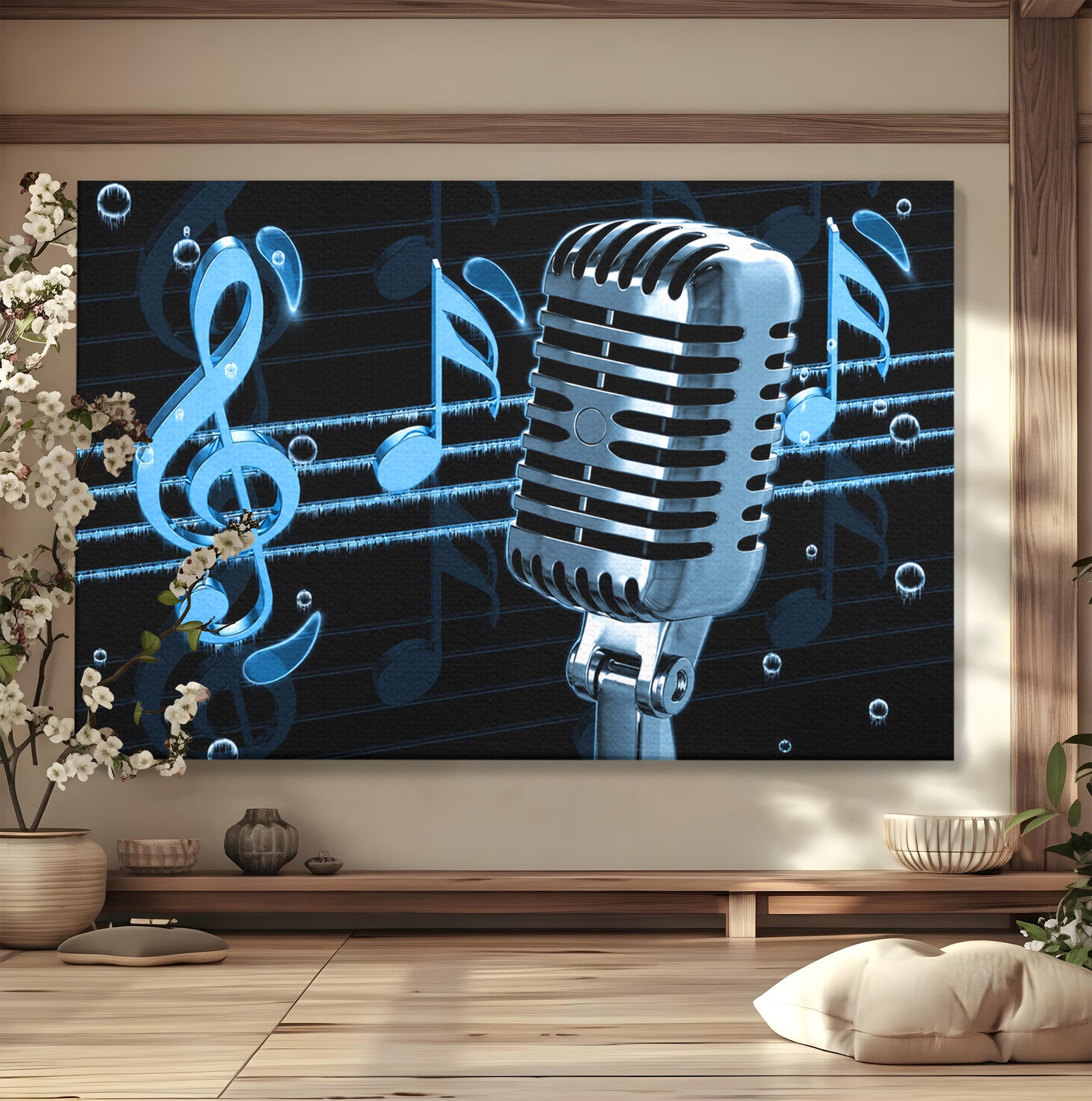 Tablou Canvas Premium LuxCanva® R1025, Microfon Retro Muzical, Microfon, Muzica, Retro, Note Muzicale, Birou, Living, Culori Vibrante