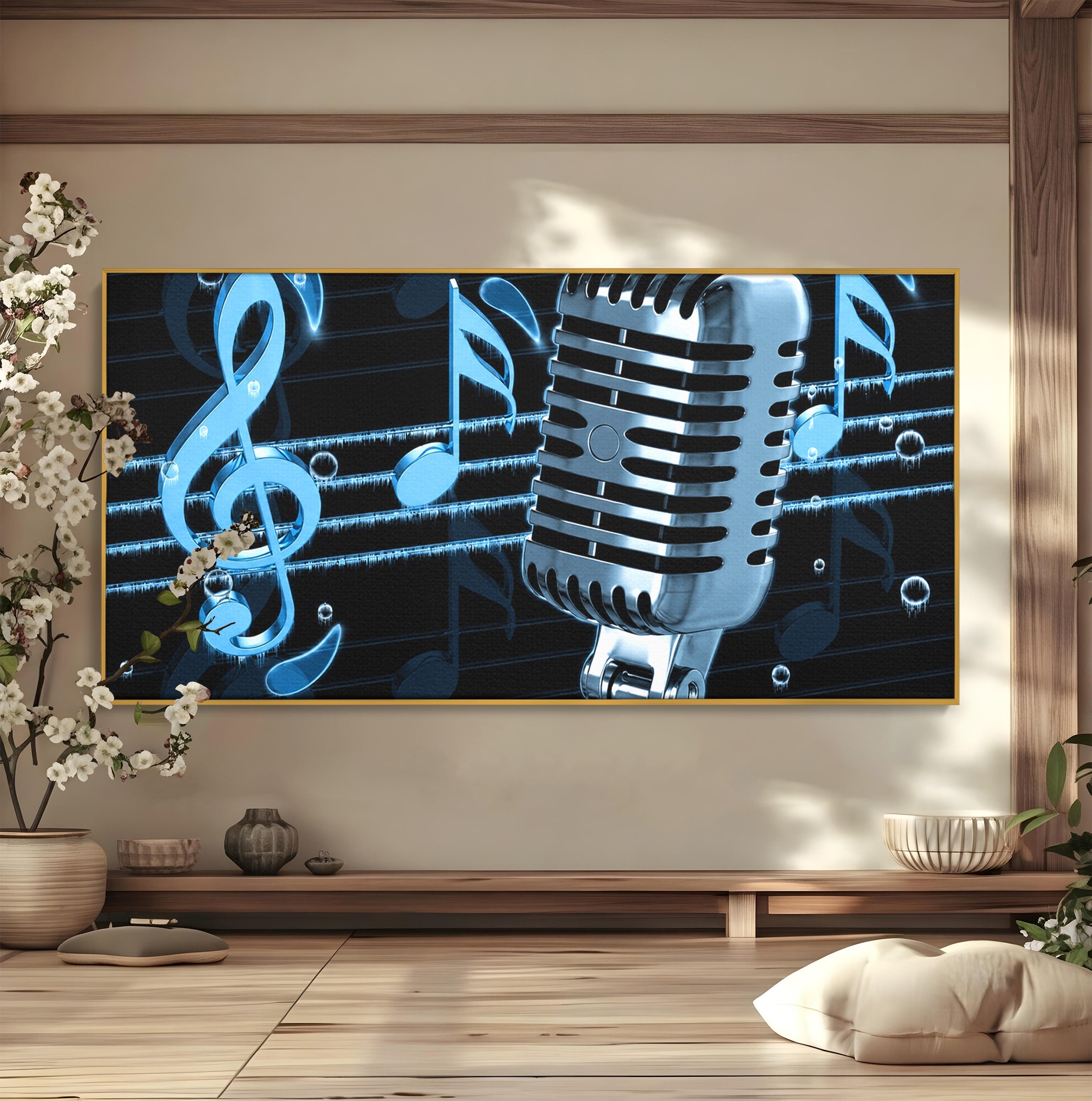 Tablou Canvas Premium LuxCanva® R1025, Microfon Retro Muzical, Microfon, Muzica, Retro, Note Muzicale, Birou, Living, Culori Vibrante