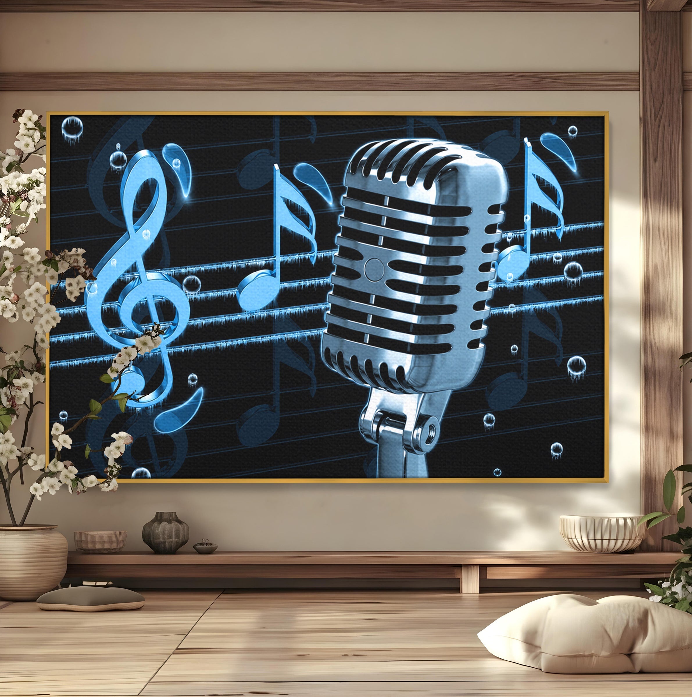 Tablou Canvas Premium LuxCanva® R1025, Microfon Retro Muzical, Microfon, Muzica, Retro, Note Muzicale, Birou, Living, Culori Vibrante