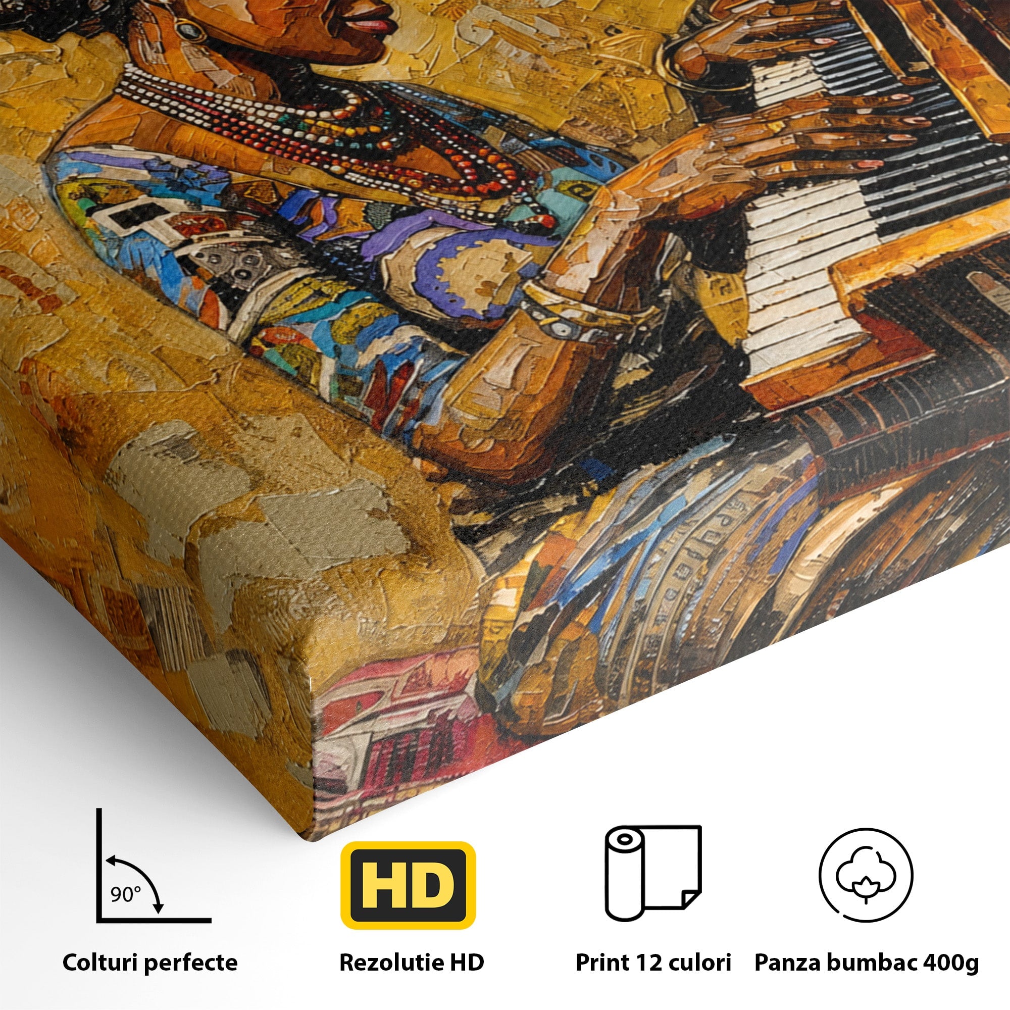 Tablou Canvas Premium LuxCanva® R1027, Pianista Africana, Pian, Femeie, Portret, Muzica, Living, Culori Vibrante