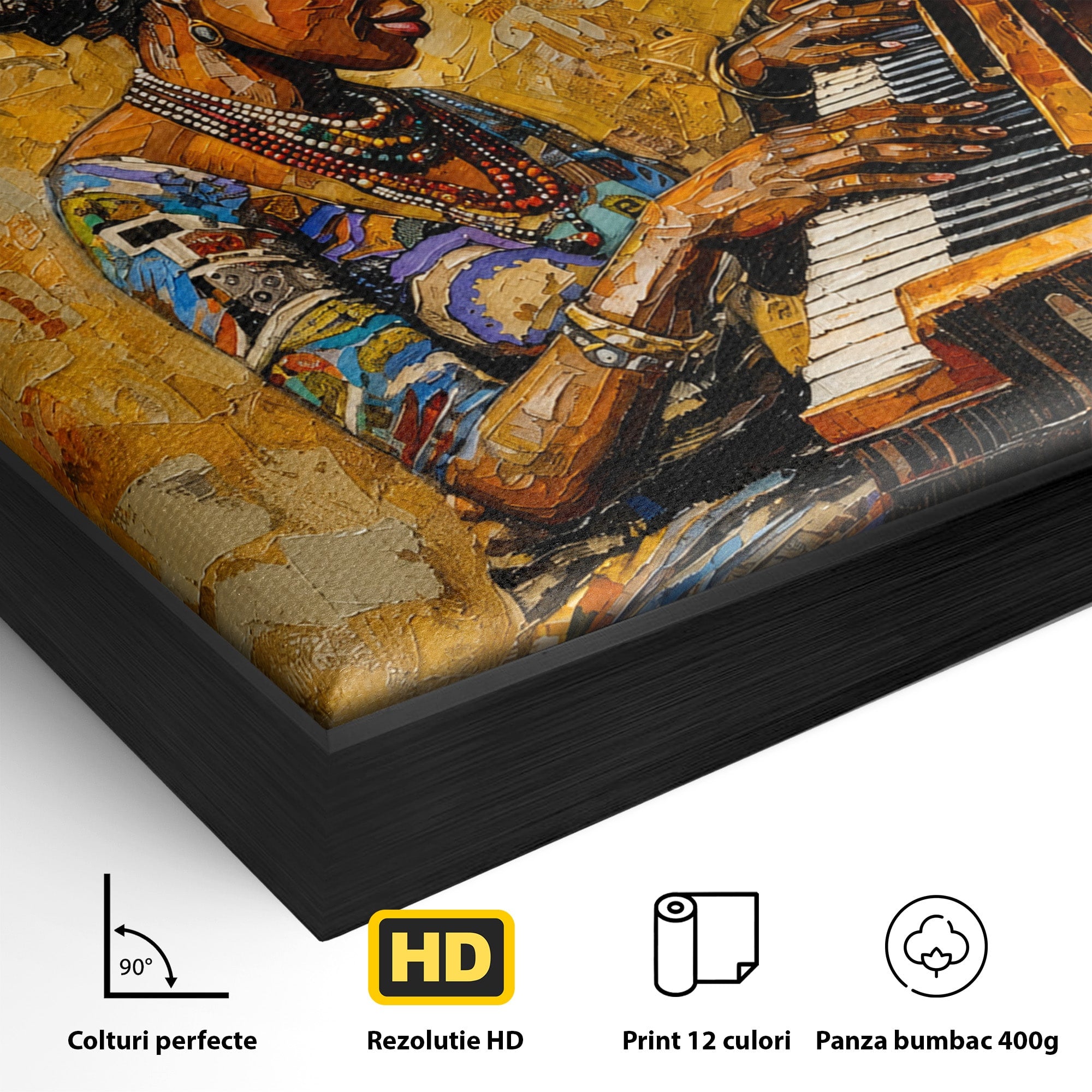 Tablou Canvas Premium LuxCanva® R1027, Pianista Africana, Pian, Femeie, Portret, Muzica, Living, Culori Vibrante