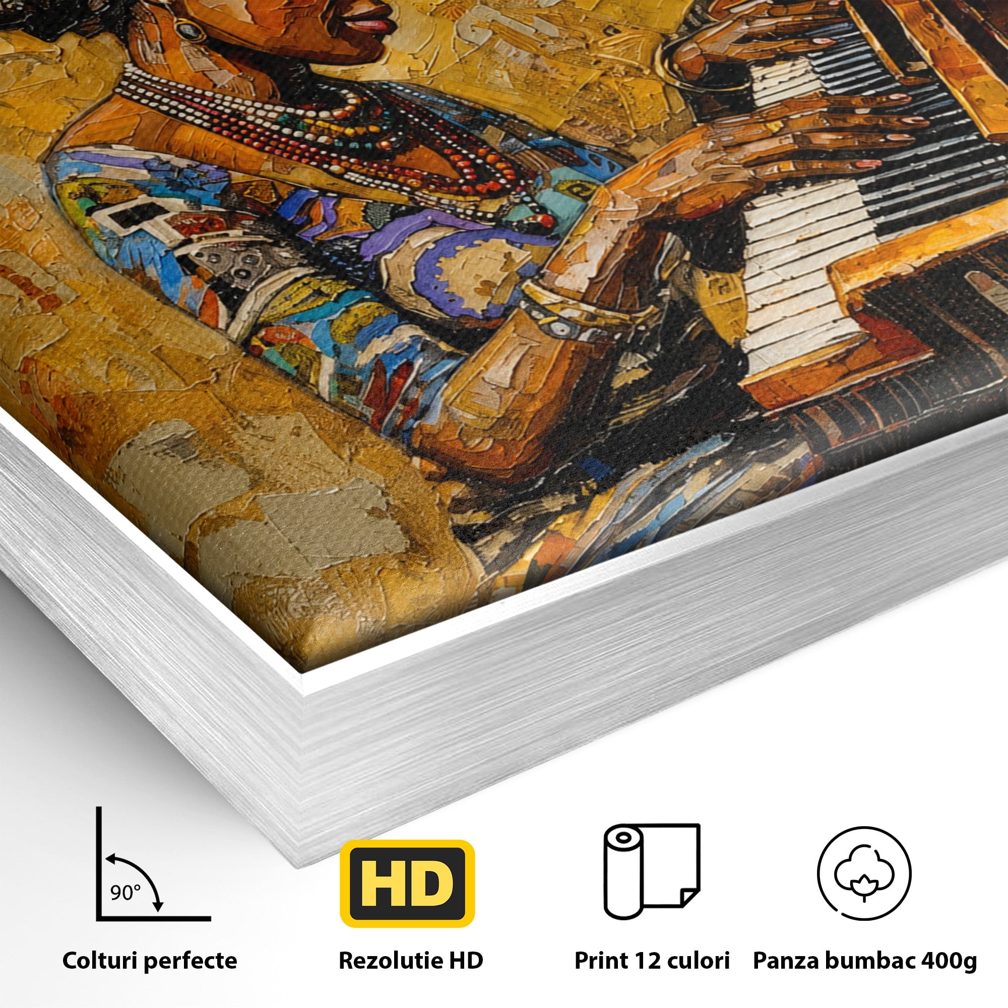 Tablou Canvas Premium LuxCanva® R1027, Pianista Africana, Pian, Femeie, Portret, Muzica, Living, Culori Vibrante