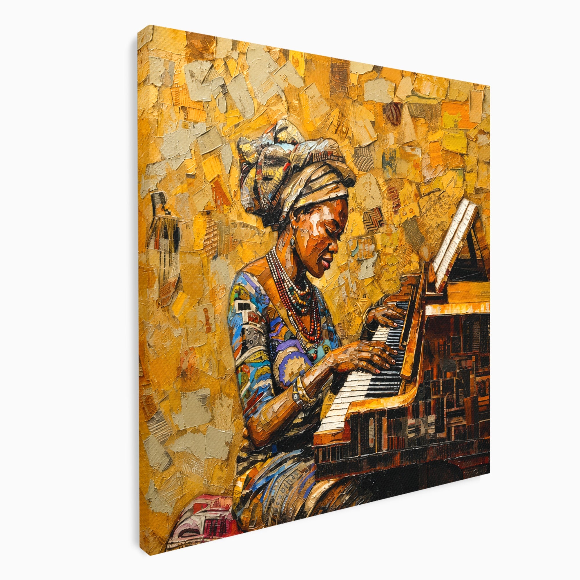 Tablou Canvas Premium LuxCanva® R1027, Pianista Africana, Pian, Femeie, Portret, Muzica, Living, Culori Vibrante