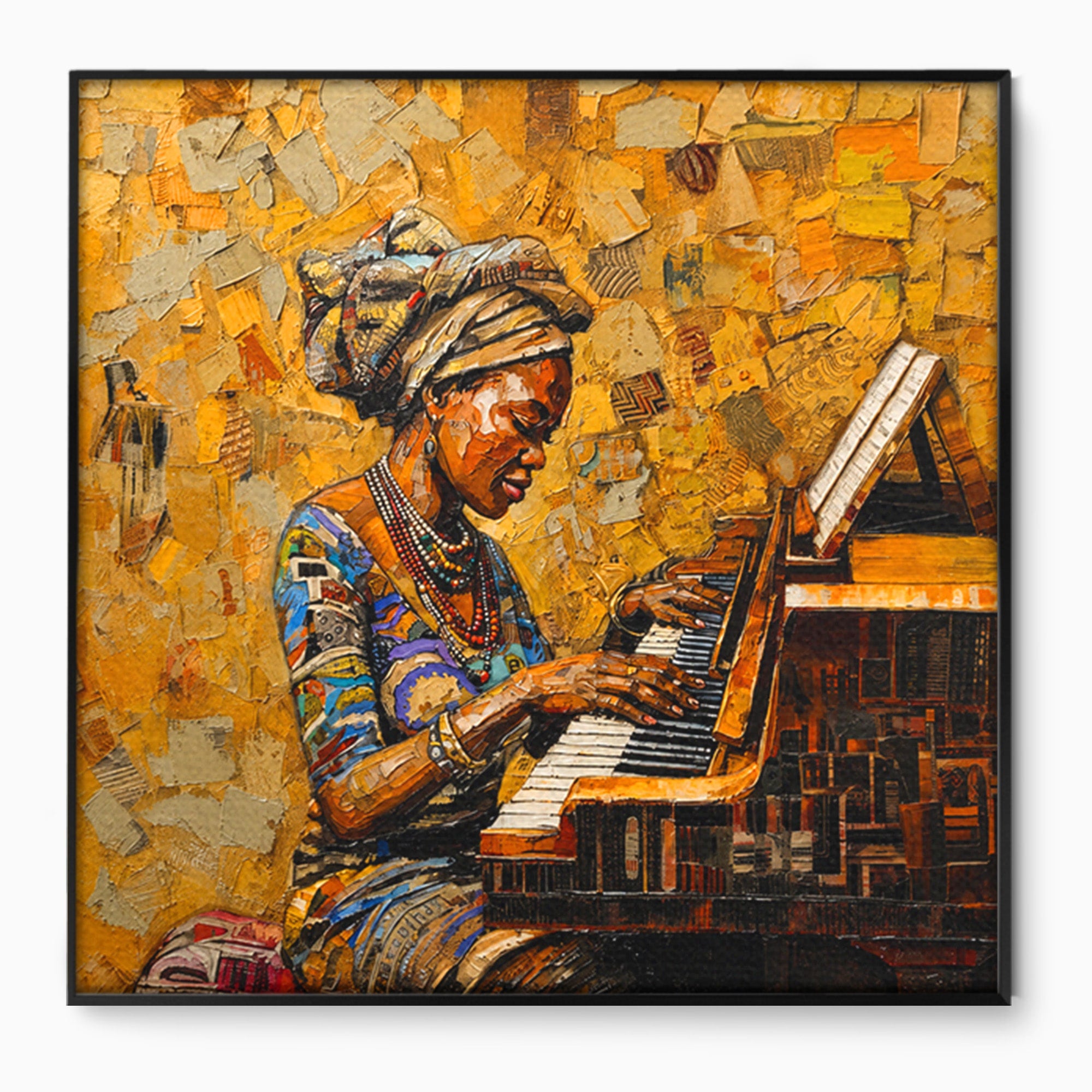 Tablou Canvas Premium LuxCanva® R1027, Pianista Africana, Pian, Femeie, Portret, Muzica, Living, Culori Vibrante
