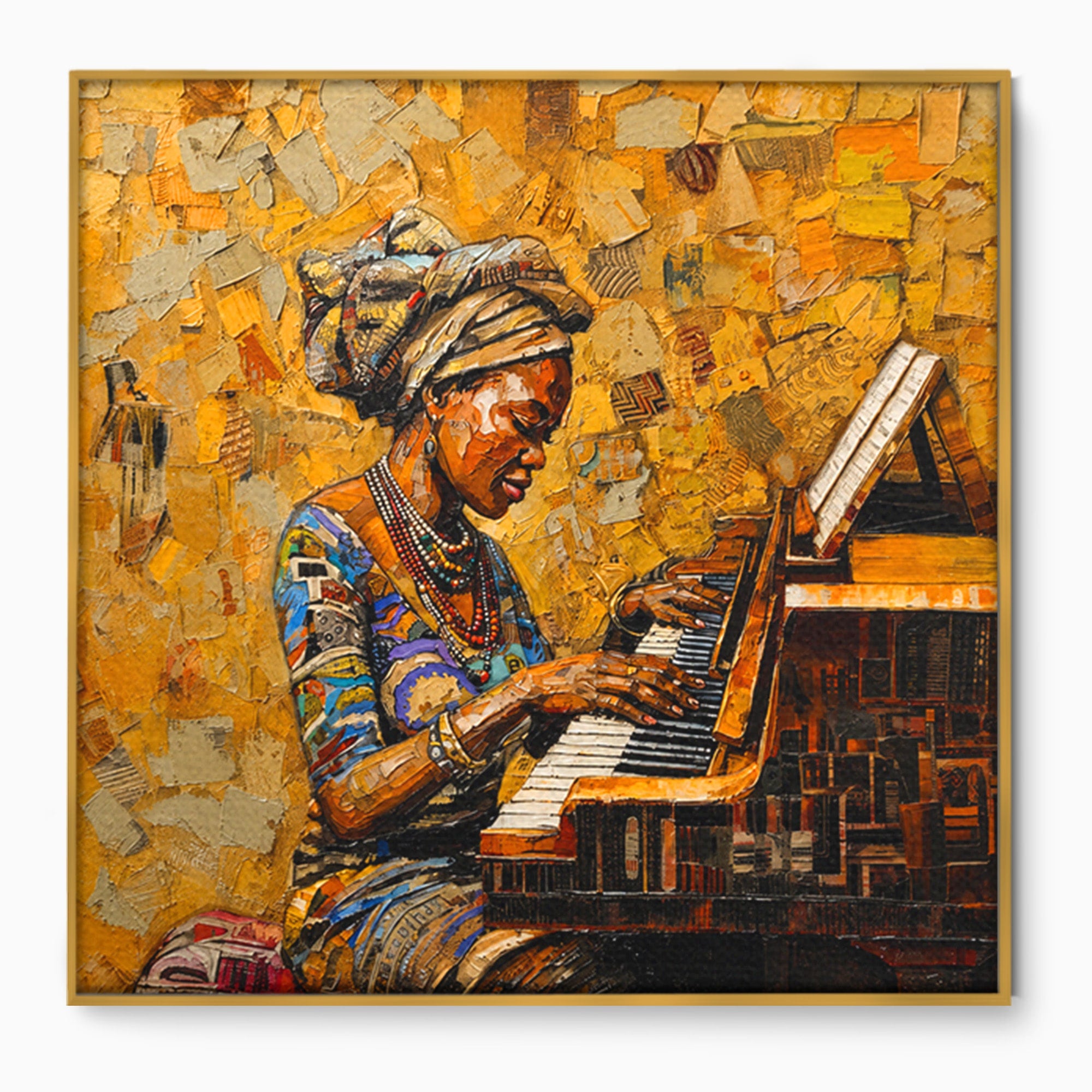 Tablou Canvas Premium LuxCanva® R1027, Pianista Africana, Pian, Femeie, Portret, Muzica, Living, Culori Vibrante