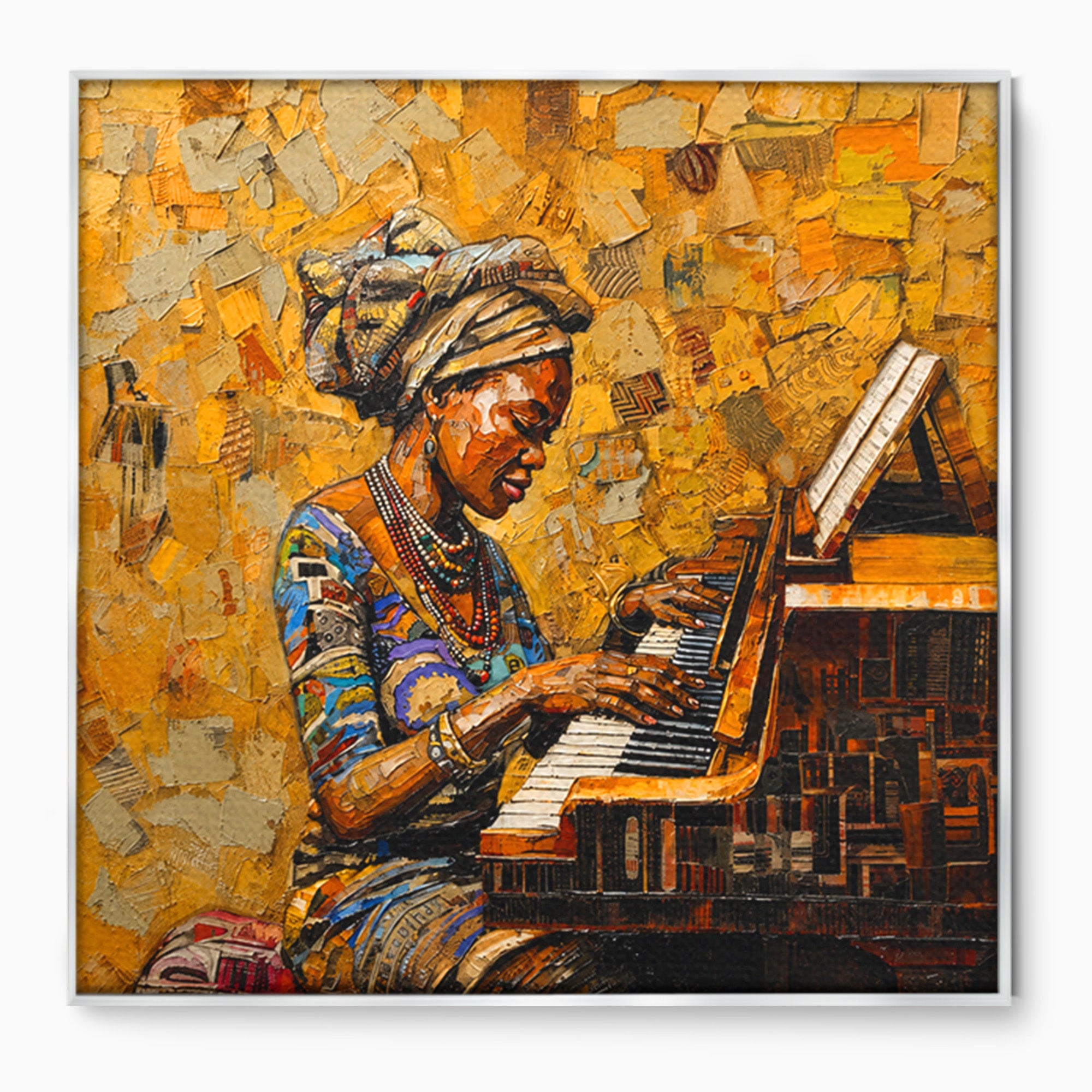 Tablou Canvas Premium LuxCanva® R1027, Pianista Africana, Pian, Femeie, Portret, Muzica, Living, Culori Vibrante