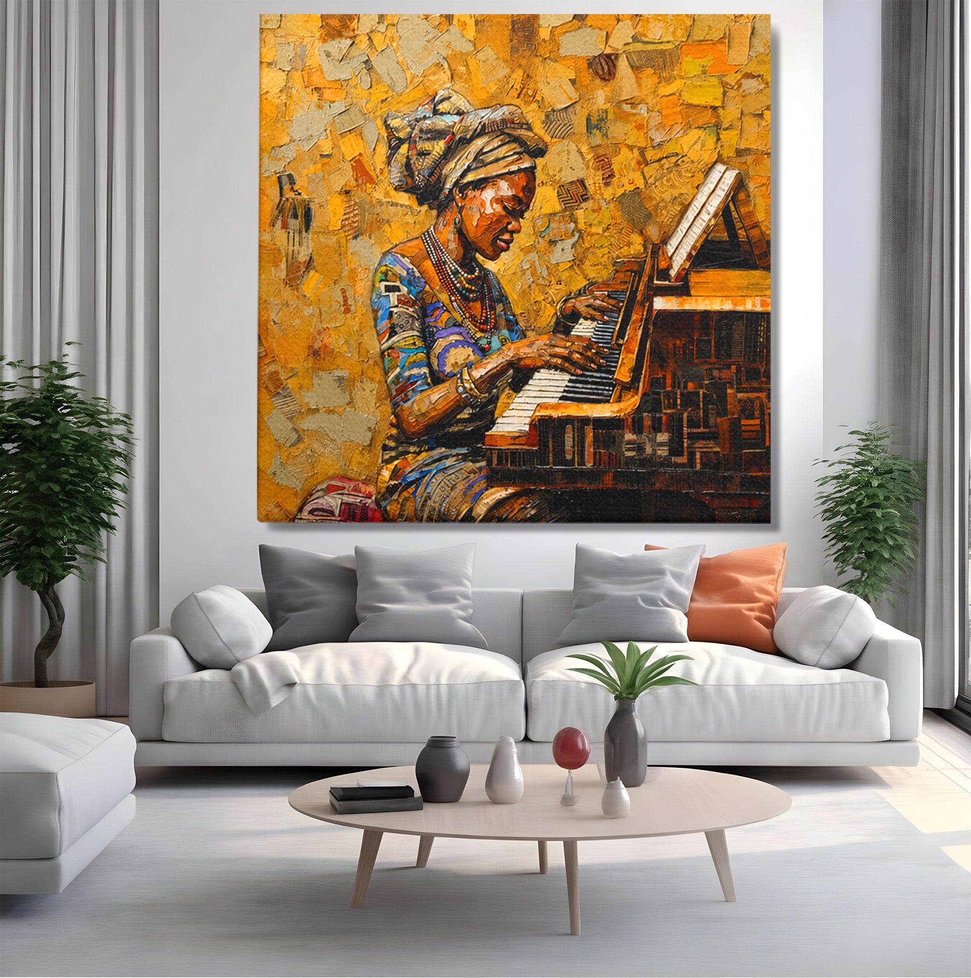 Tablou Canvas Premium LuxCanva® R1027, Pianista Africana, Pian, Femeie, Portret, Muzica, Living, Culori Vibrante