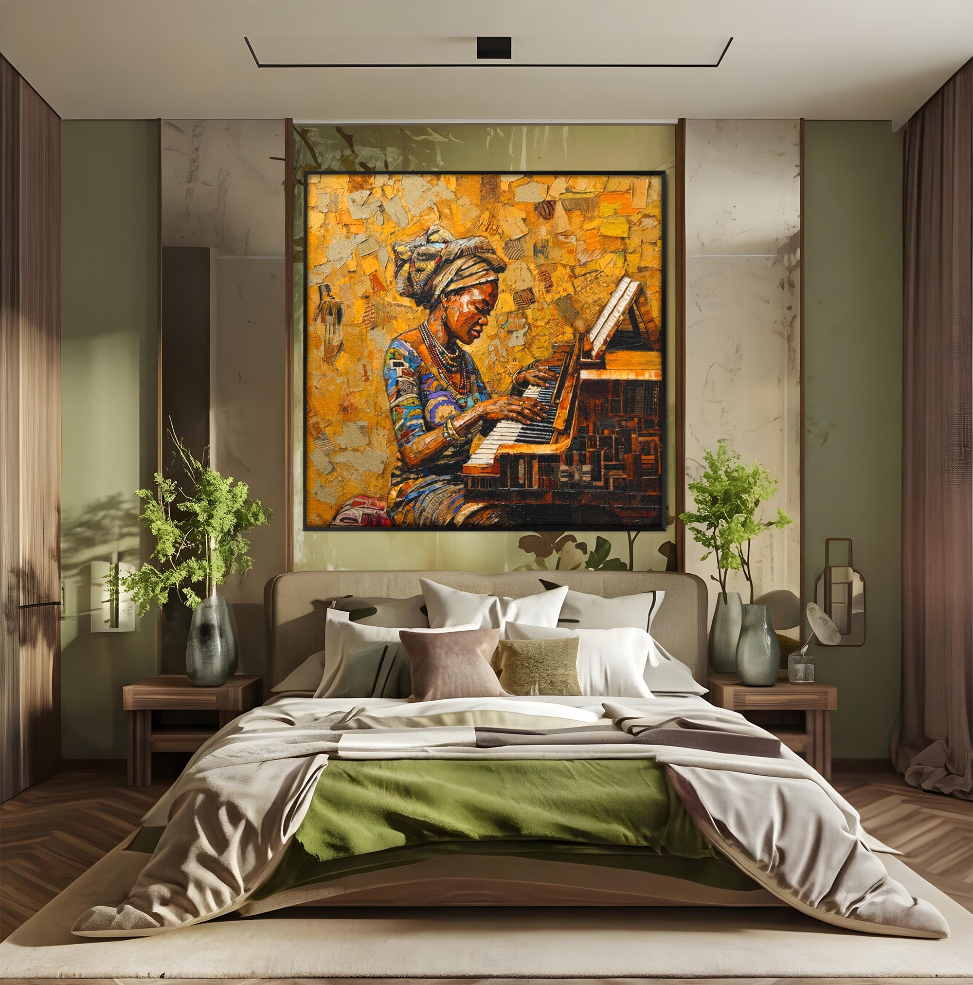Tablou Canvas Premium LuxCanva® R1027, Pianista Africana, Pian, Femeie, Portret, Muzica, Living, Culori Vibrante