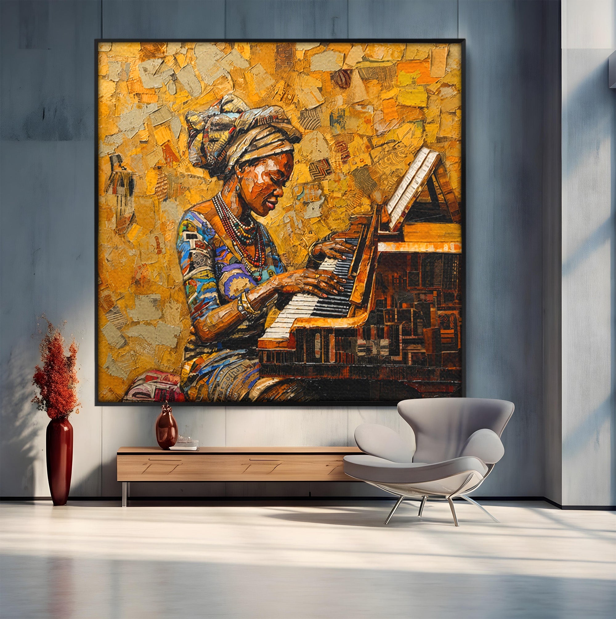 Tablou Canvas Premium LuxCanva® R1027, Pianista Africana, Pian, Femeie, Portret, Muzica, Living, Culori Vibrante