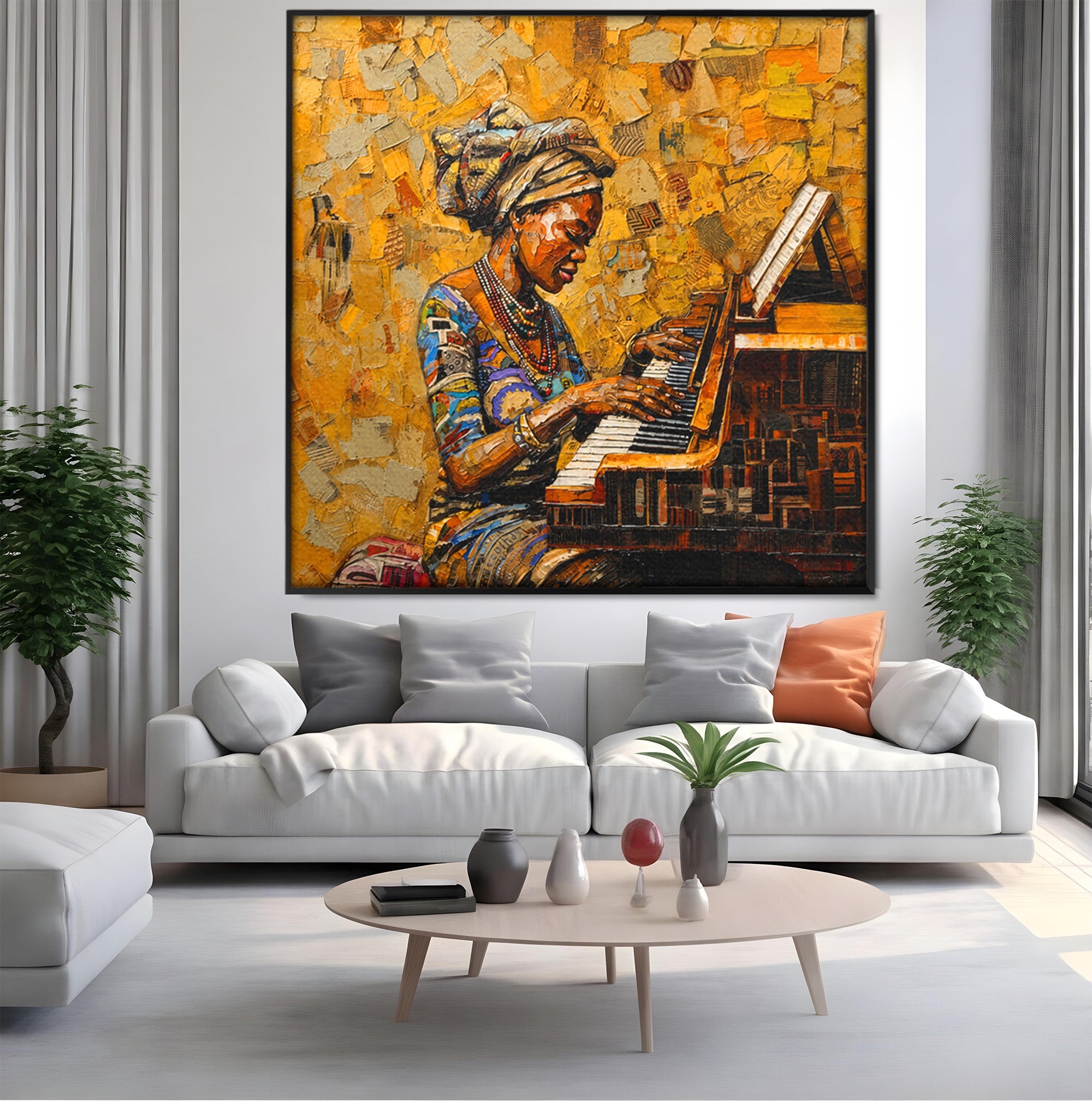 Tablou Canvas Premium LuxCanva® R1027, Pianista Africana, Pian, Femeie, Portret, Muzica, Living, Culori Vibrante