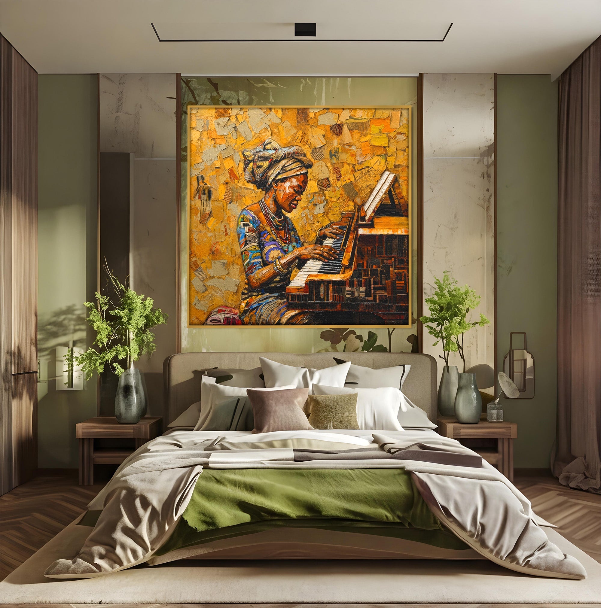 Tablou Canvas Premium LuxCanva® R1027, Pianista Africana, Pian, Femeie, Portret, Muzica, Living, Culori Vibrante