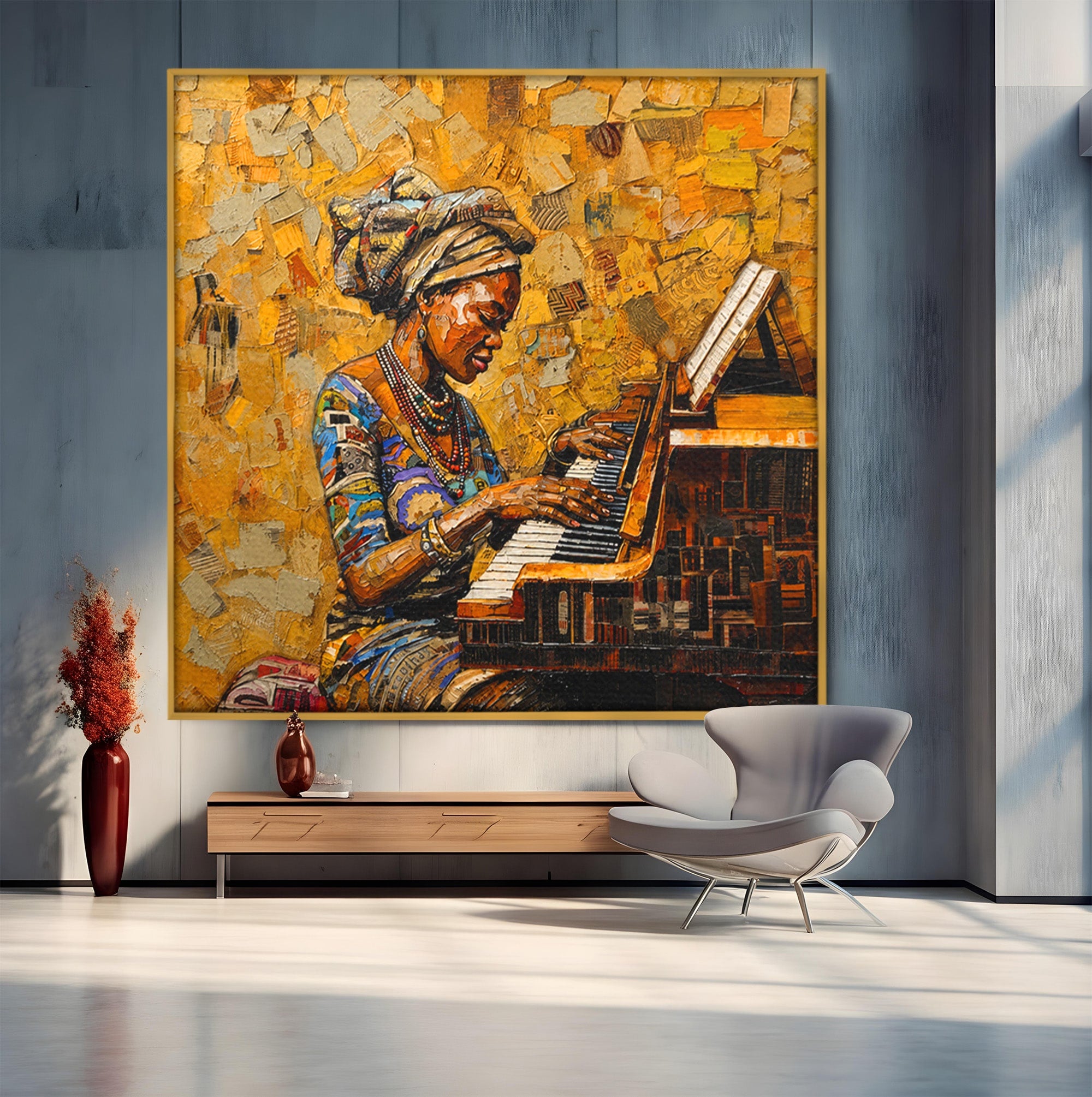 Tablou Canvas Premium LuxCanva® R1027, Pianista Africana, Pian, Femeie, Portret, Muzica, Living, Culori Vibrante