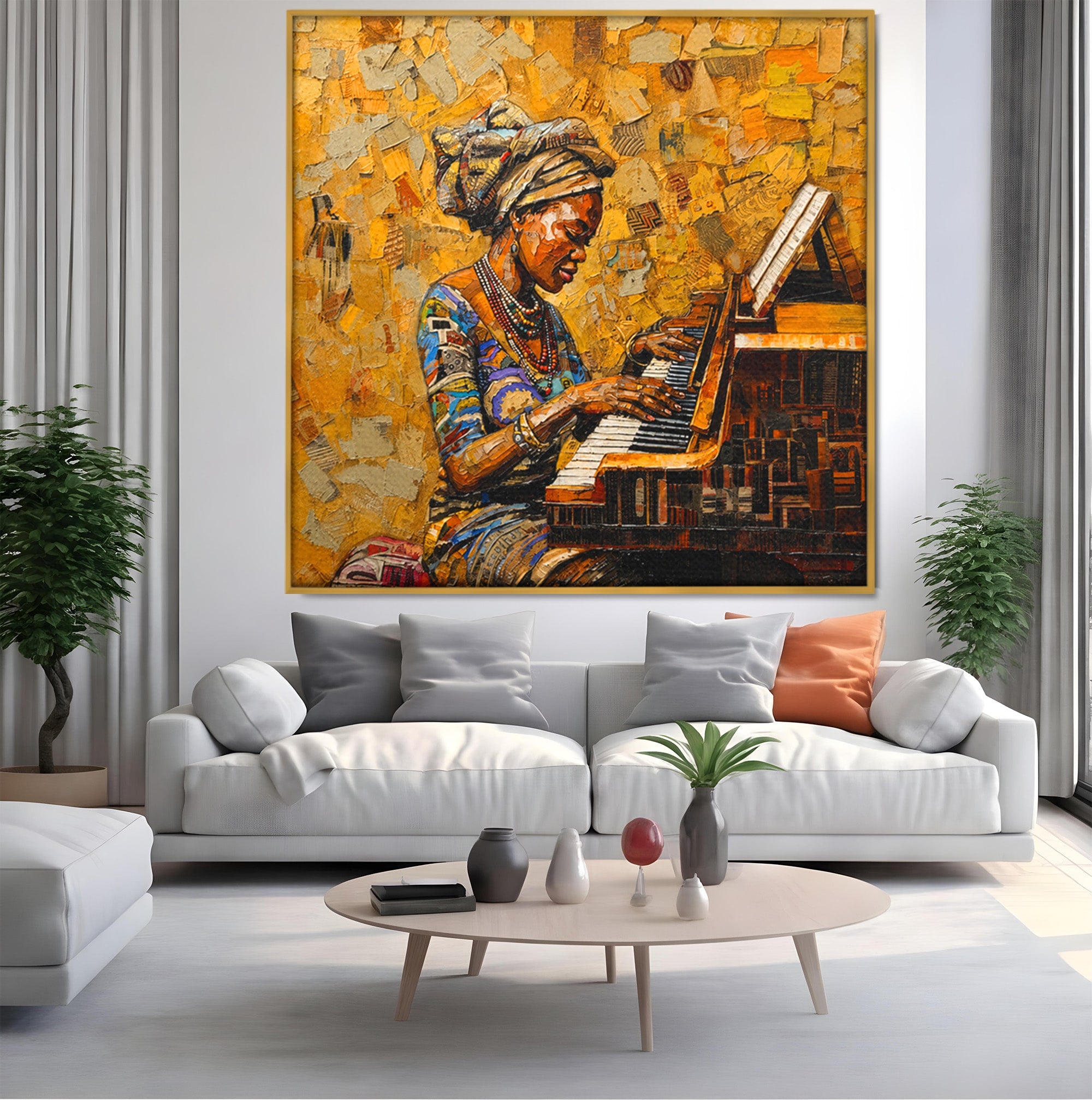 Tablou Canvas Premium LuxCanva® R1027, Pianista Africana, Pian, Femeie, Portret, Muzica, Living, Culori Vibrante