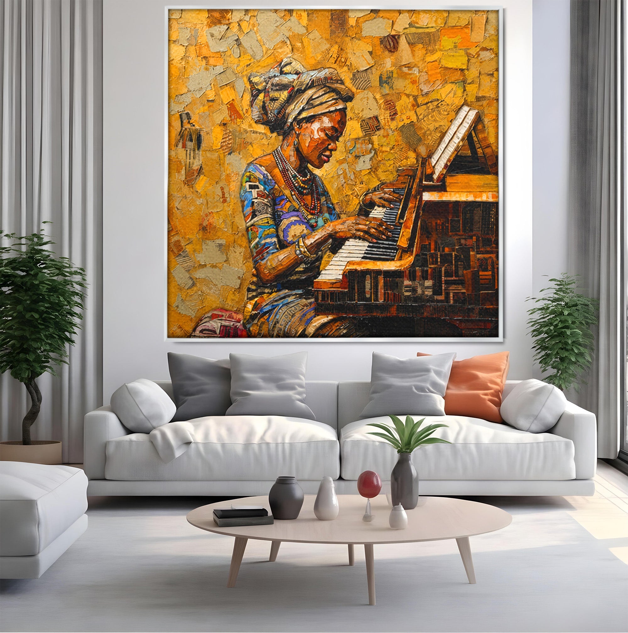 Tablou Canvas Premium LuxCanva® R1027, Pianista Africana, Pian, Femeie, Portret, Muzica, Living, Culori Vibrante