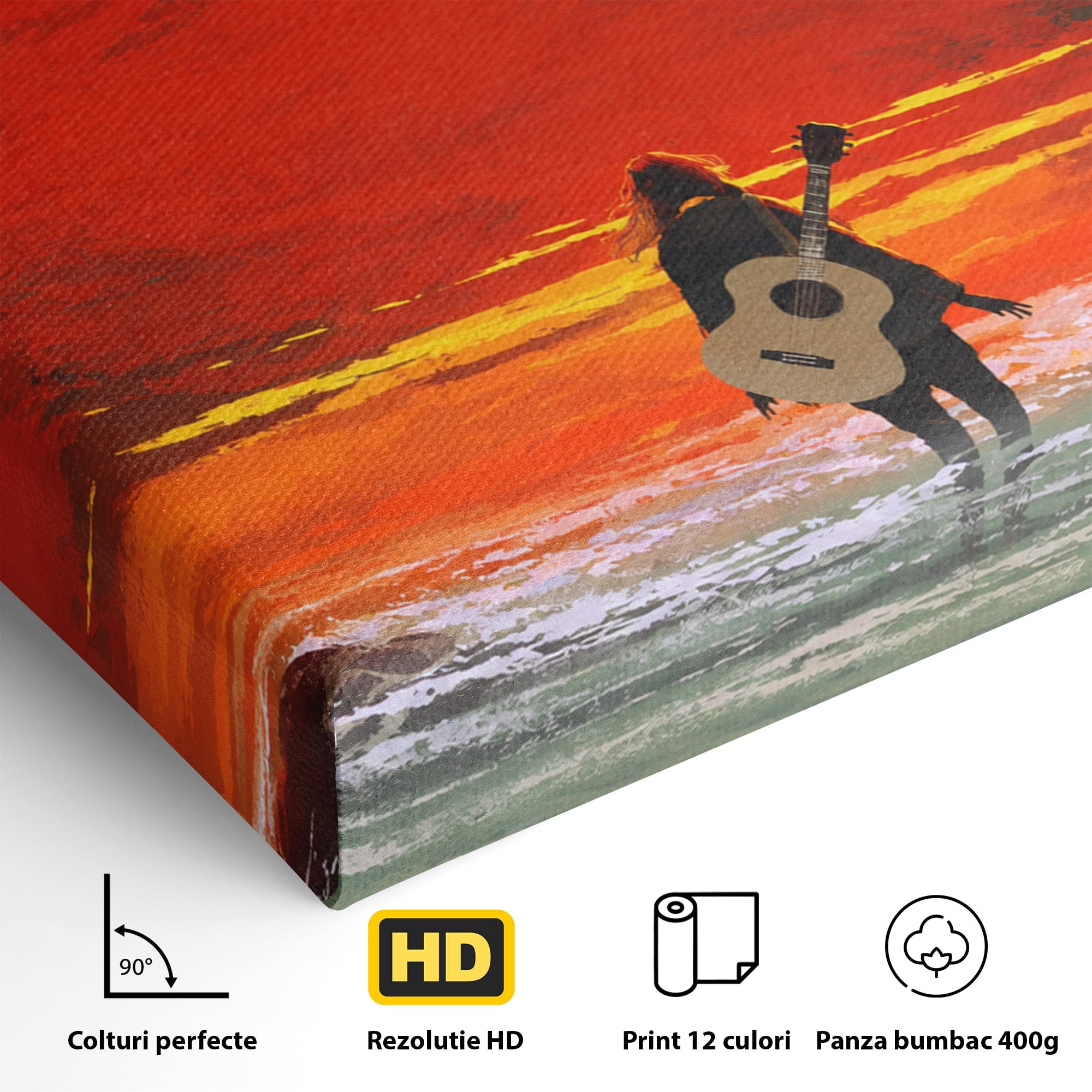 Tablou Canvas Premium LuxCanva® R1028, Chitara La Apus, Chitara, Apus, Ocean, Singuratate, Peisaj, Living, Dormitor, Culori Vibrante