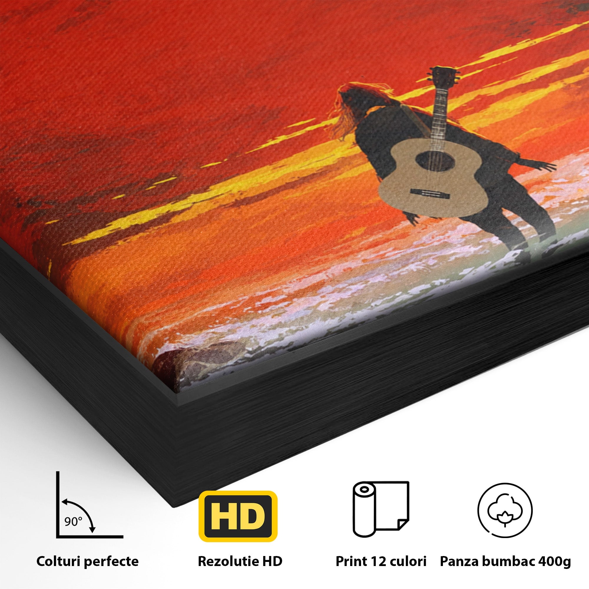 Tablou Canvas Premium LuxCanva® R1028, Chitara La Apus, Chitara, Apus, Ocean, Singuratate, Peisaj, Living, Dormitor, Culori Vibrante