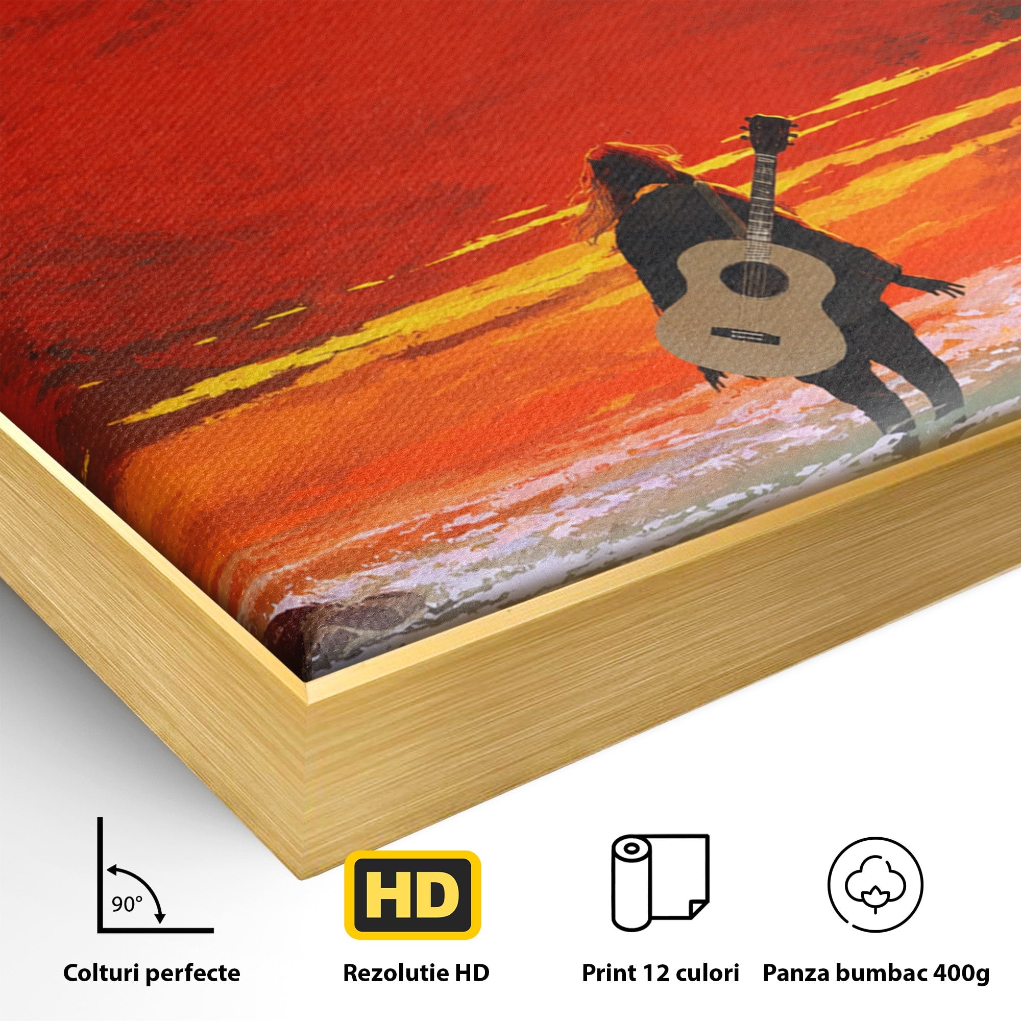Tablou Canvas Premium LuxCanva® R1028, Chitara La Apus, Chitara, Apus, Ocean, Singuratate, Peisaj, Living, Dormitor, Culori Vibrante