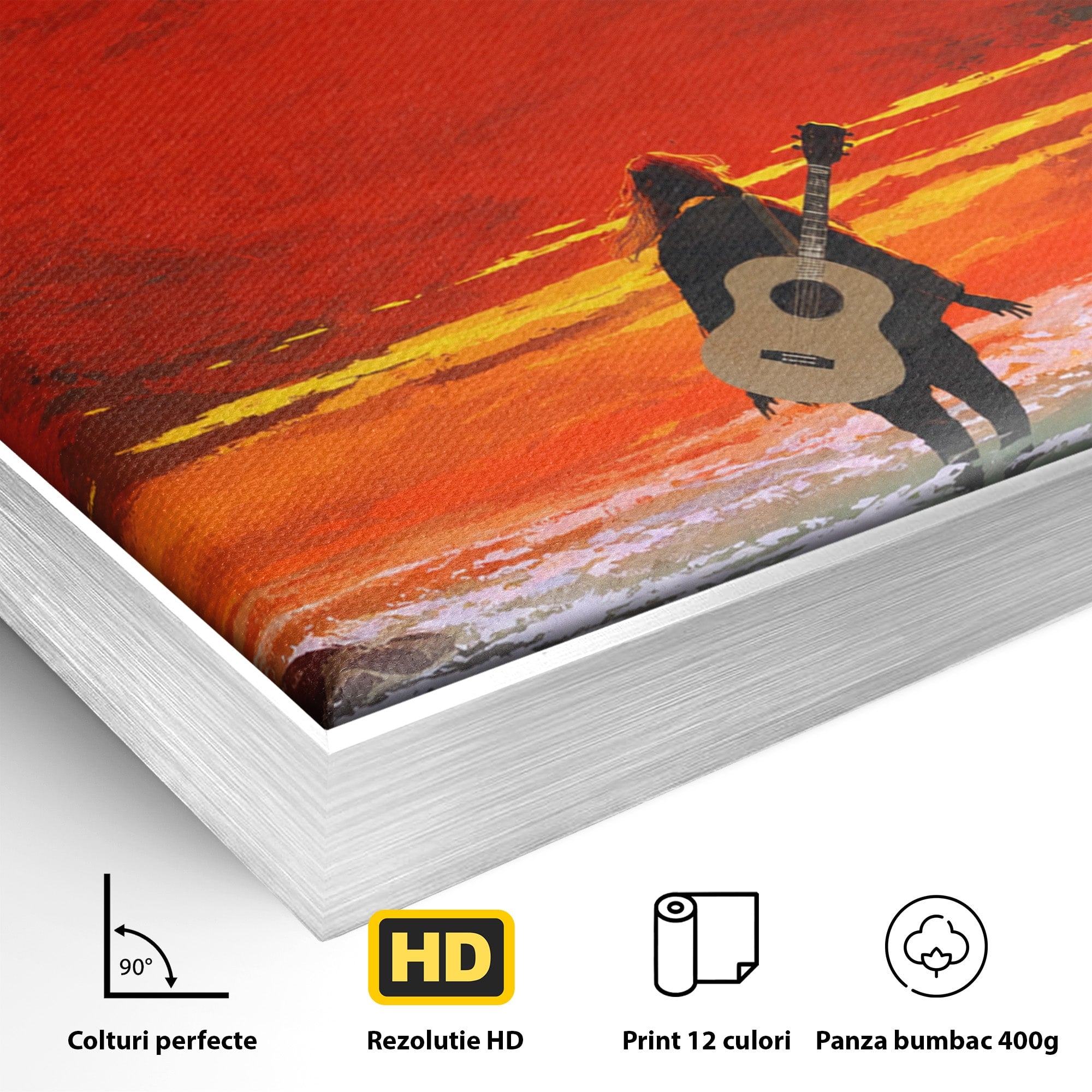 Tablou Canvas Premium LuxCanva® R1028, Chitara La Apus, Chitara, Apus, Ocean, Singuratate, Peisaj, Living, Dormitor, Culori Vibrante