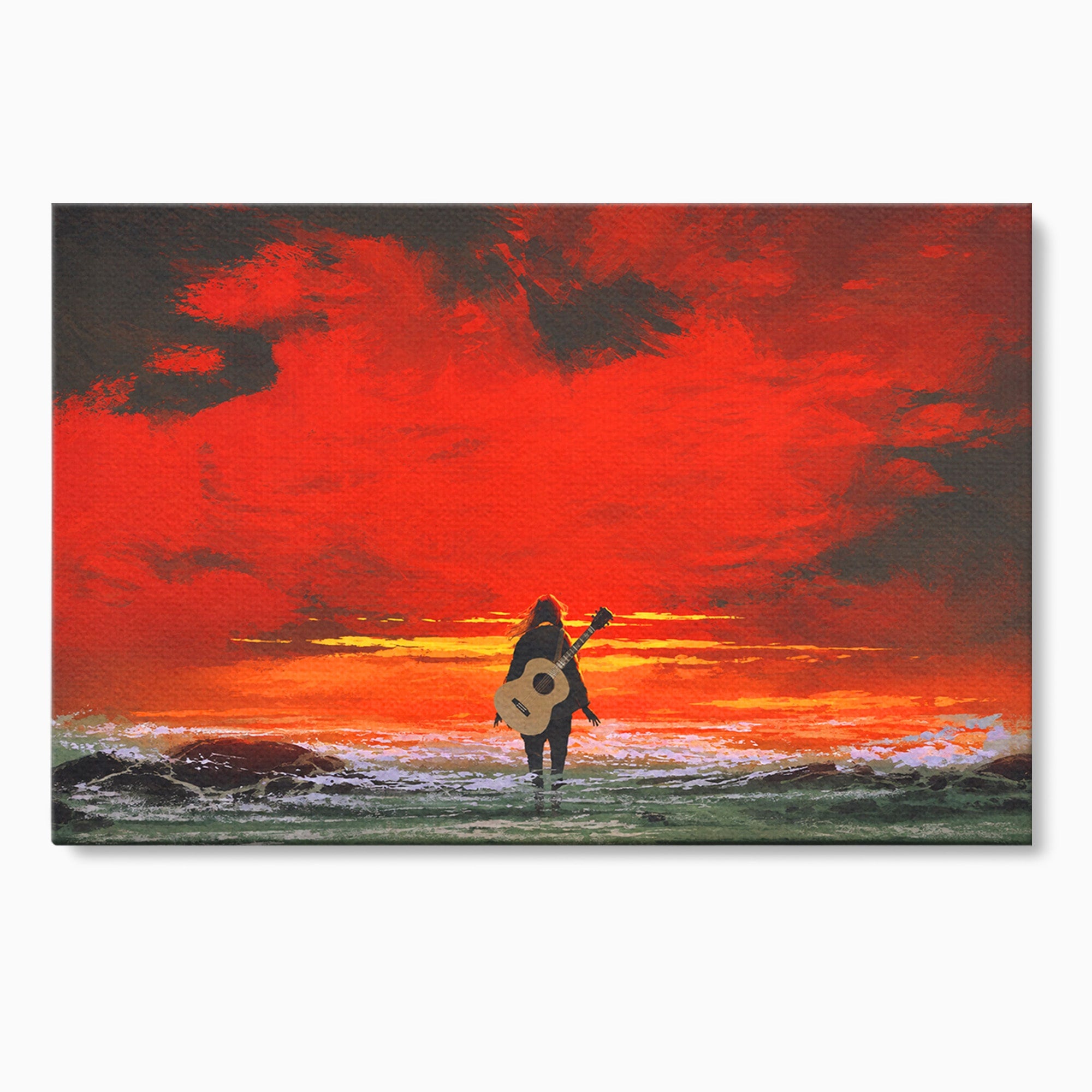 Tablou Canvas Premium LuxCanva® R1028, Chitara La Apus, Chitara, Apus, Ocean, Singuratate, Peisaj, Living, Dormitor, Culori Vibrante