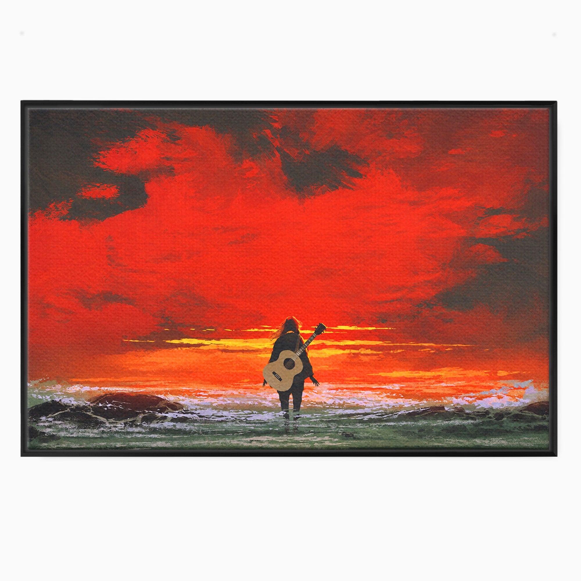Tablou Canvas Premium LuxCanva® R1028, Chitara La Apus, Chitara, Apus, Ocean, Singuratate, Peisaj, Living, Dormitor, Culori Vibrante