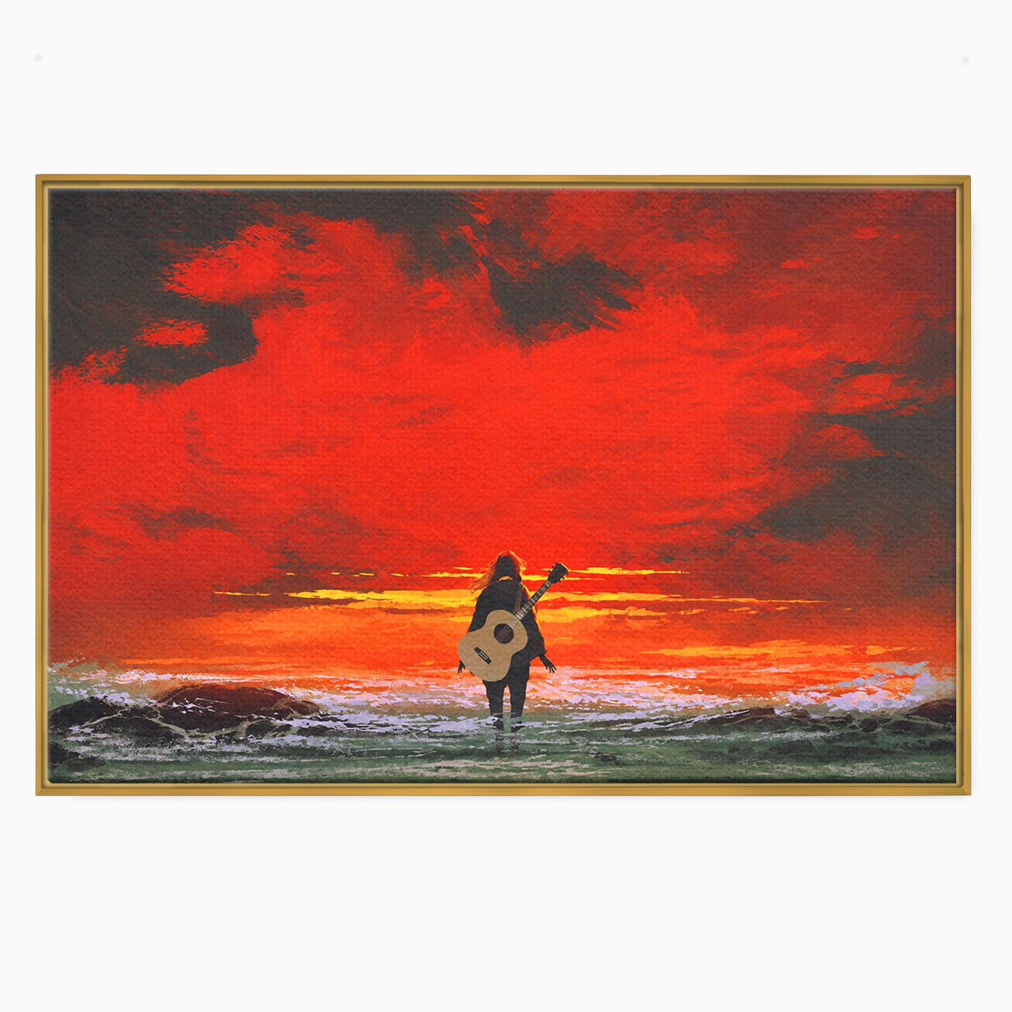 Tablou Canvas Premium LuxCanva® R1028, Chitara La Apus, Chitara, Apus, Ocean, Singuratate, Peisaj, Living, Dormitor, Culori Vibrante