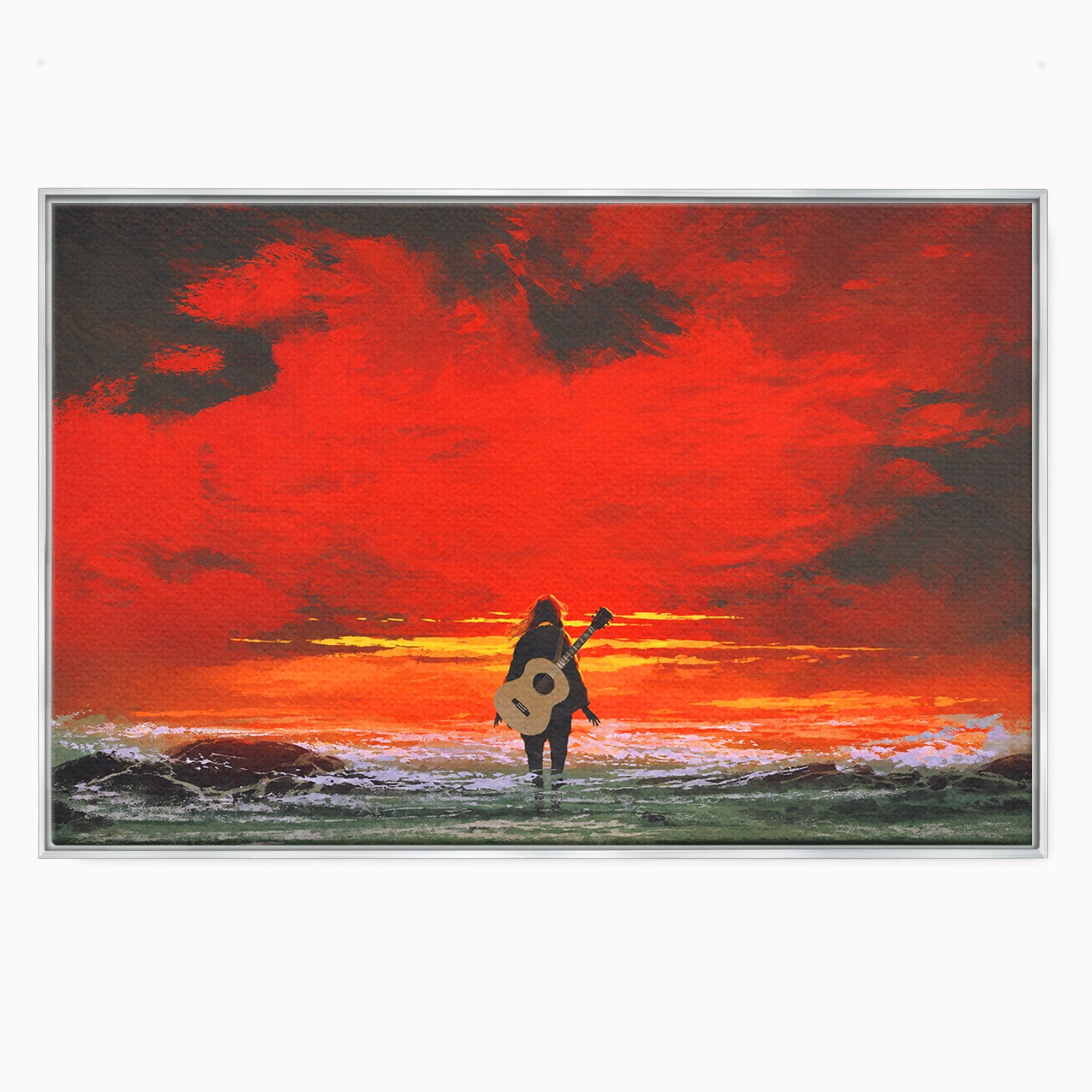 Tablou Canvas Premium LuxCanva® R1028, Chitara La Apus, Chitara, Apus, Ocean, Singuratate, Peisaj, Living, Dormitor, Culori Vibrante