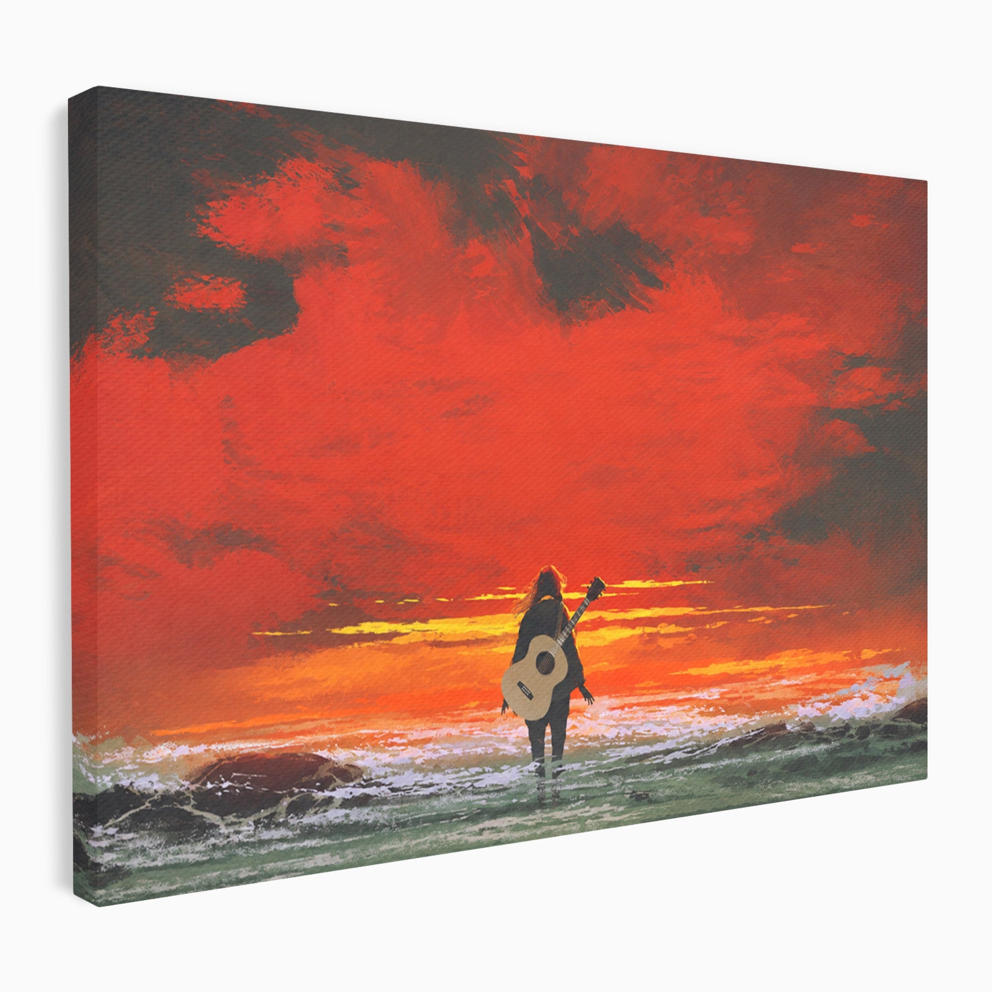 Tablou Canvas Premium LuxCanva® R1028, Chitara La Apus, Chitara, Apus, Ocean, Singuratate, Peisaj, Living, Dormitor, Culori Vibrante
