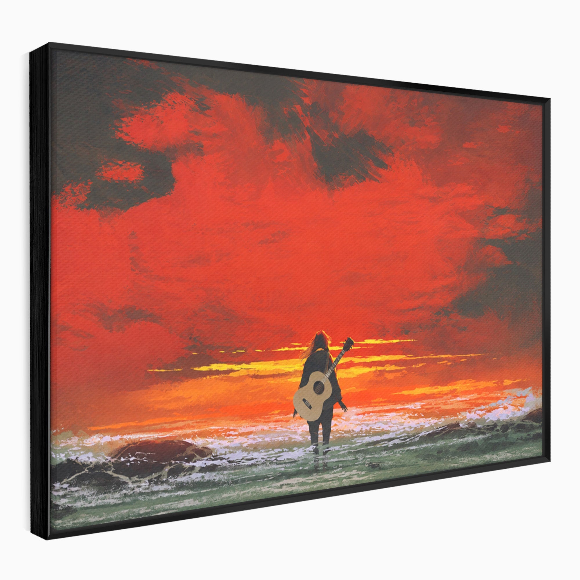Tablou Canvas Premium LuxCanva® R1028, Chitara La Apus, Chitara, Apus, Ocean, Singuratate, Peisaj, Living, Dormitor, Culori Vibrante