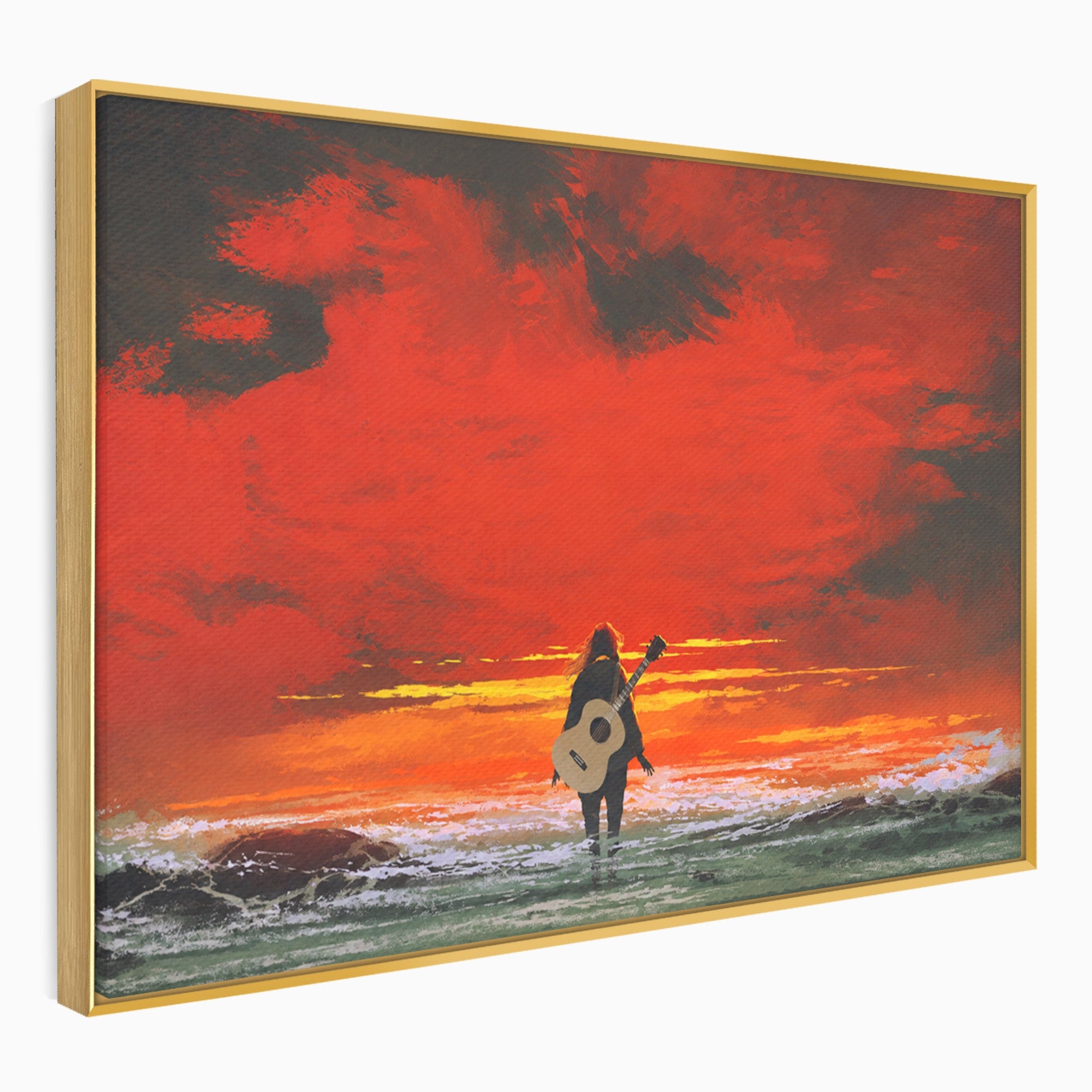 Tablou Canvas Premium LuxCanva® R1028, Chitara La Apus, Chitara, Apus, Ocean, Singuratate, Peisaj, Living, Dormitor, Culori Vibrante