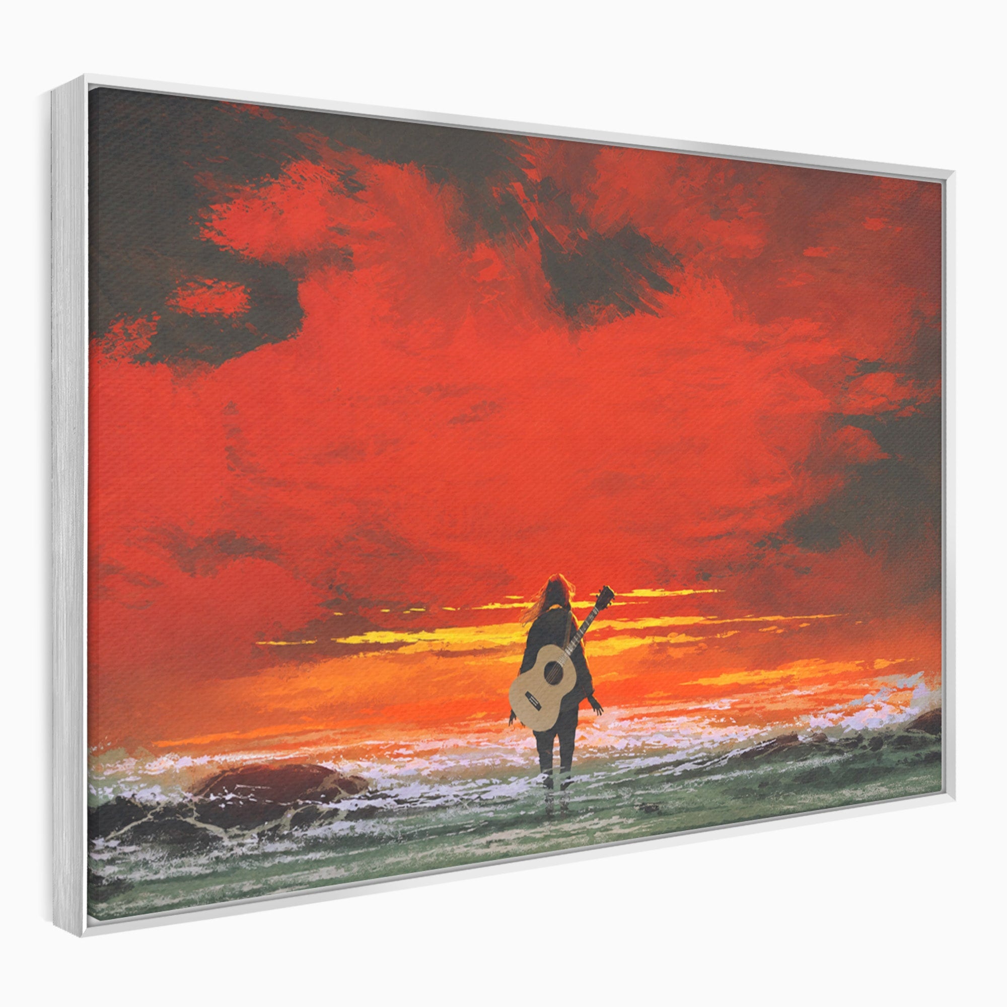 Tablou Canvas Premium LuxCanva® R1028, Chitara La Apus, Chitara, Apus, Ocean, Singuratate, Peisaj, Living, Dormitor, Culori Vibrante