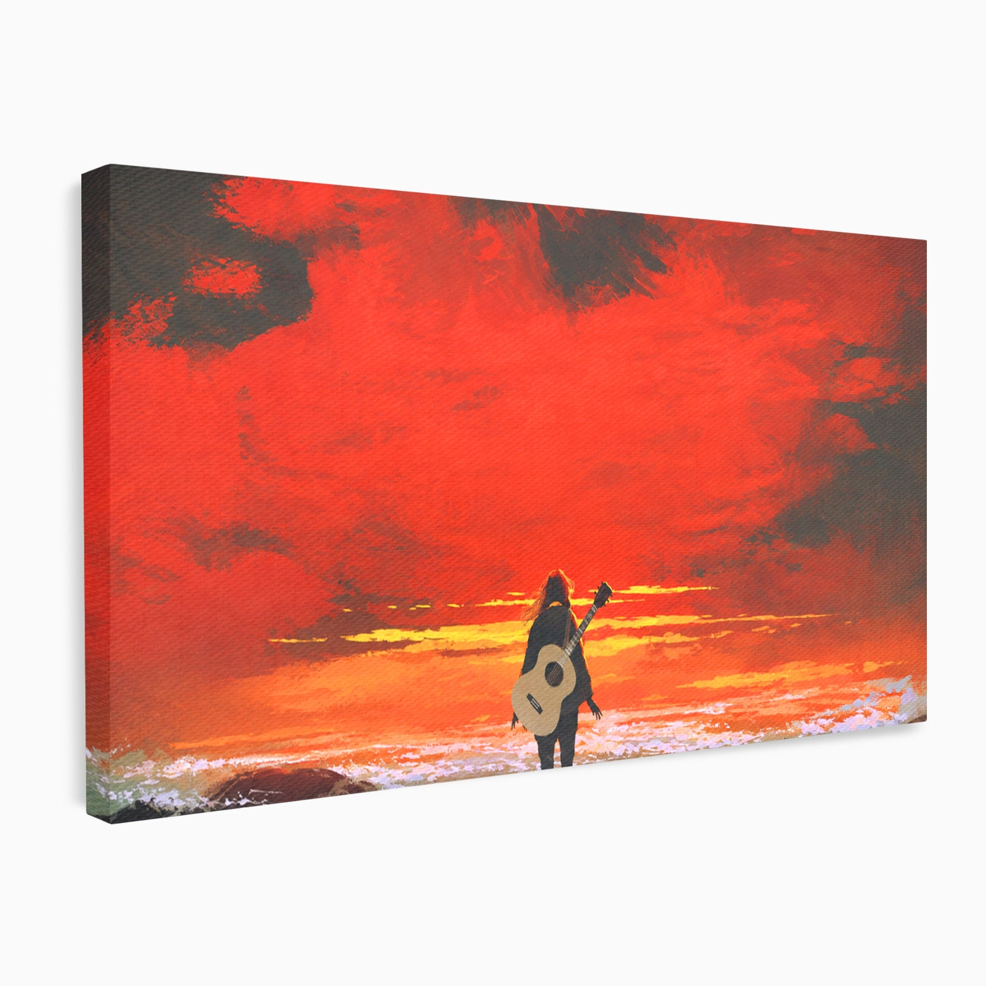 Tablou Canvas Premium LuxCanva® R1028, Chitara La Apus, Chitara, Apus, Ocean, Singuratate, Peisaj, Living, Dormitor, Culori Vibrante