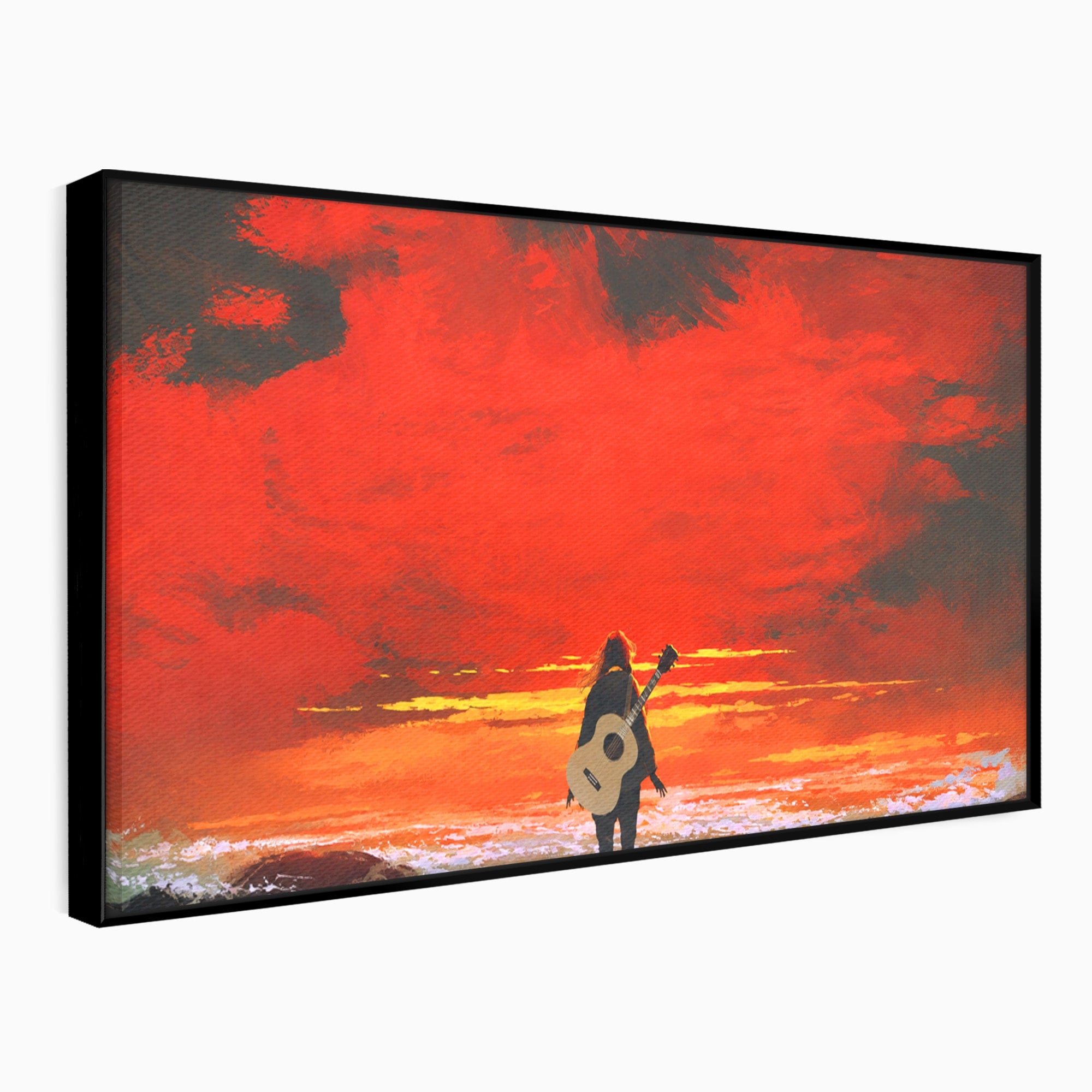 Tablou Canvas Premium LuxCanva® R1028, Chitara La Apus, Chitara, Apus, Ocean, Singuratate, Peisaj, Living, Dormitor, Culori Vibrante