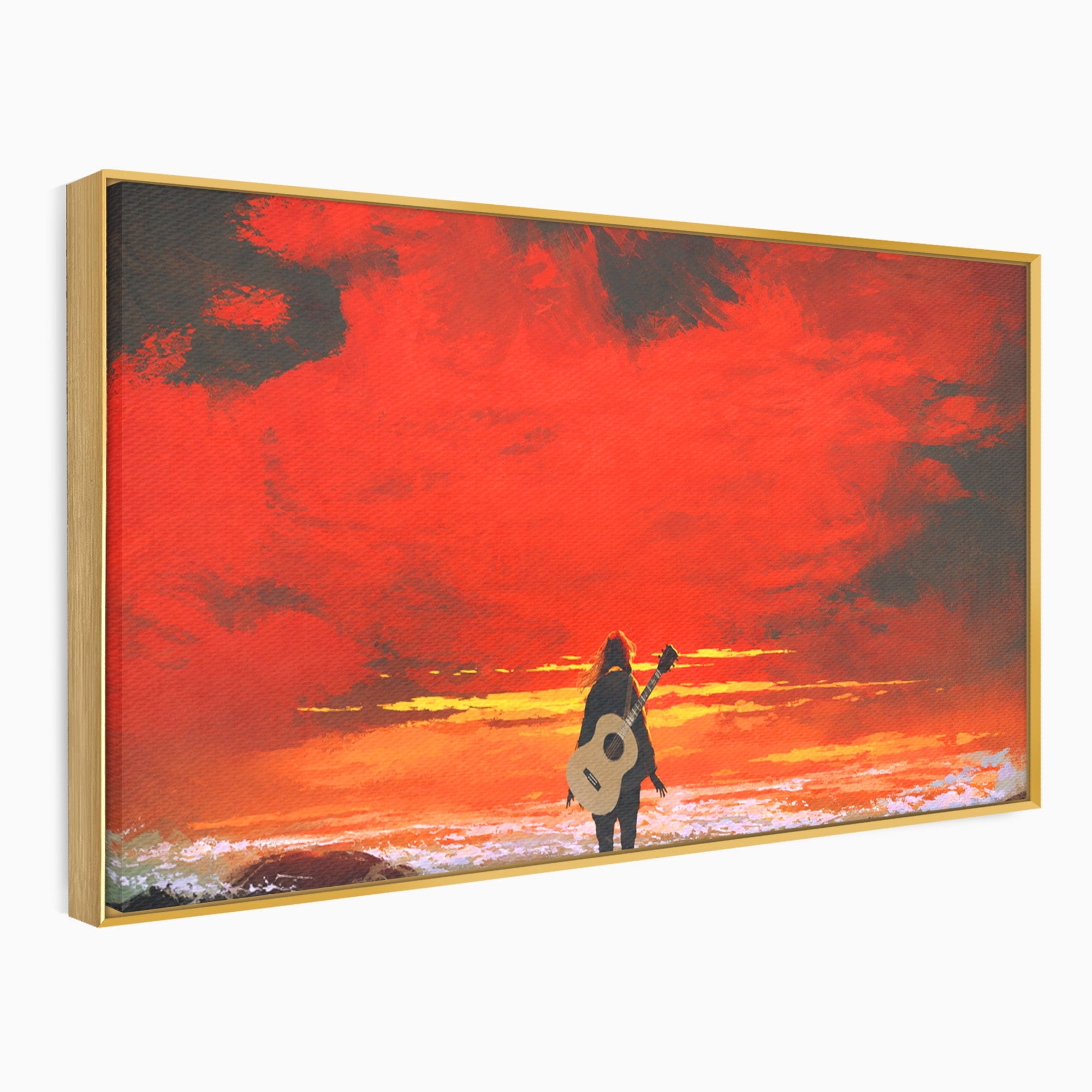 Tablou Canvas Premium LuxCanva® R1028, Chitara La Apus, Chitara, Apus, Ocean, Singuratate, Peisaj, Living, Dormitor, Culori Vibrante