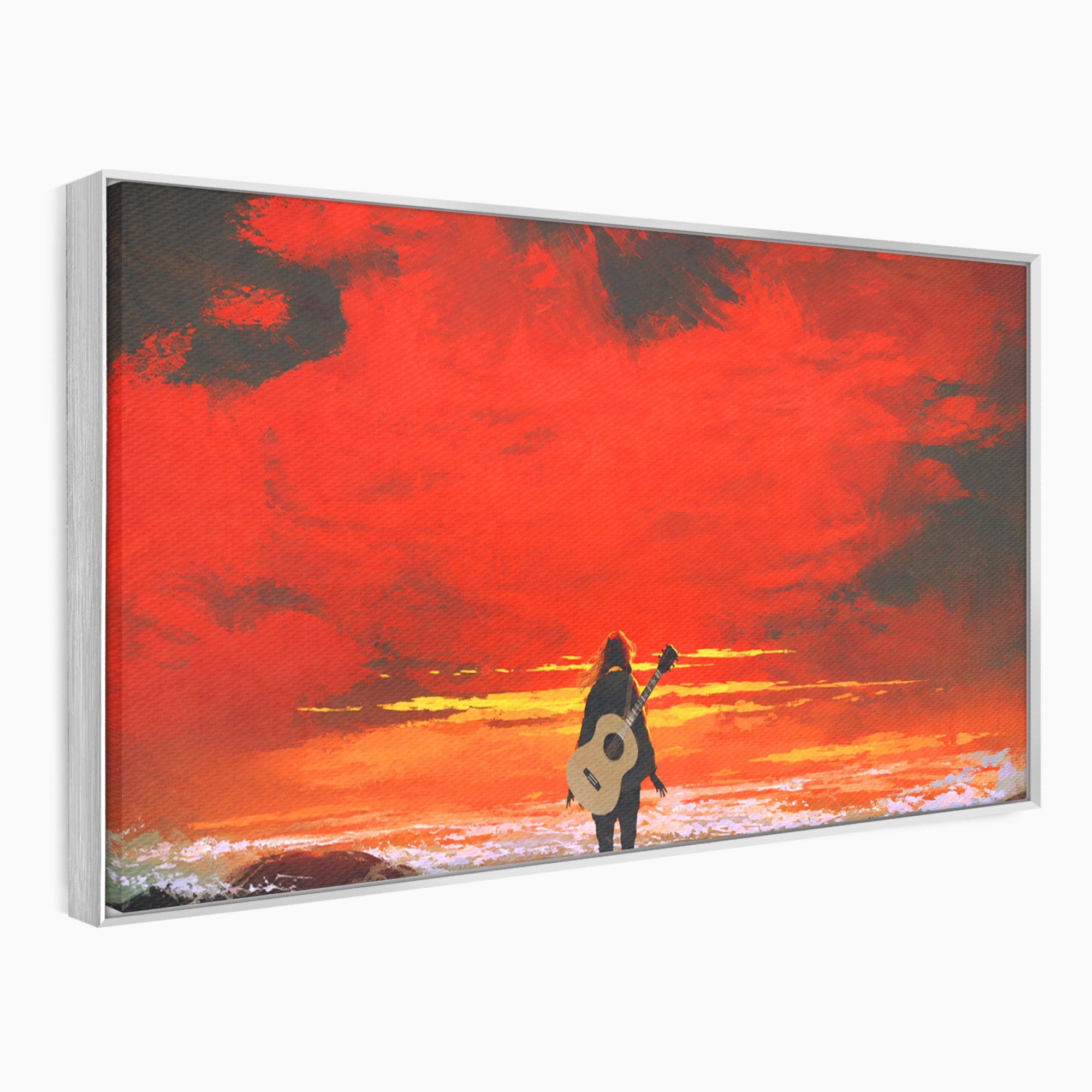 Tablou Canvas Premium LuxCanva® R1028, Chitara La Apus, Chitara, Apus, Ocean, Singuratate, Peisaj, Living, Dormitor, Culori Vibrante
