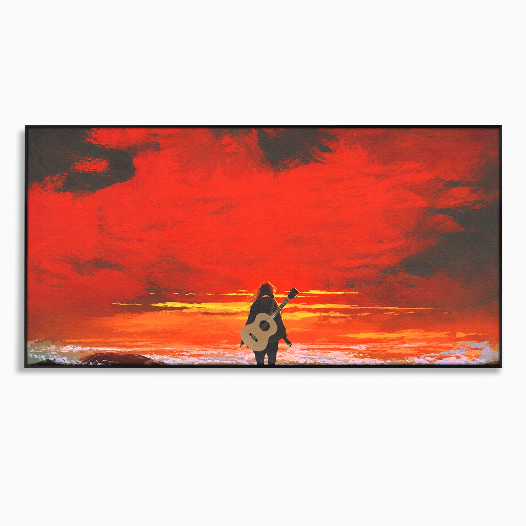Tablou Canvas Premium LuxCanva® R1028, Chitara La Apus, Chitara, Apus, Ocean, Singuratate, Peisaj, Living, Dormitor, Culori Vibrante