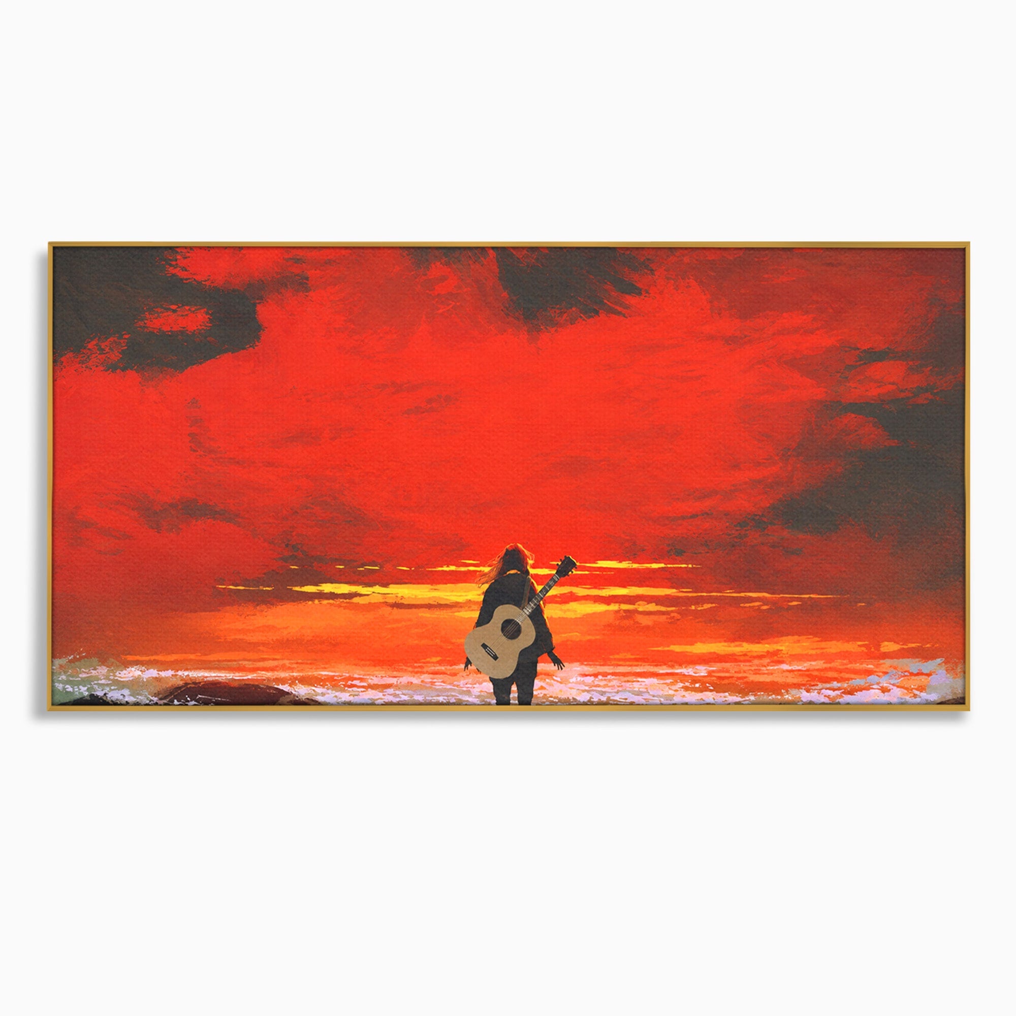 Tablou Canvas Premium LuxCanva® R1028, Chitara La Apus, Chitara, Apus, Ocean, Singuratate, Peisaj, Living, Dormitor, Culori Vibrante