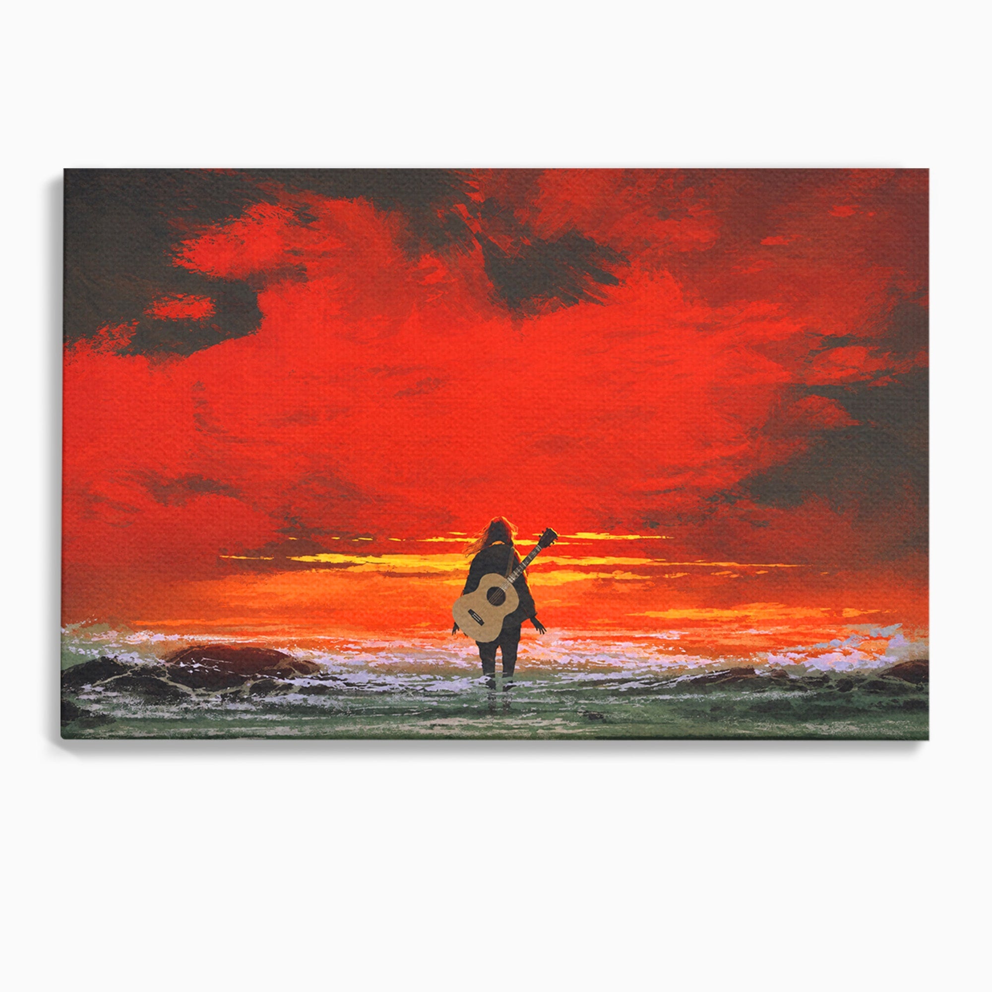 Tablou Canvas Premium LuxCanva® R1028, Chitara La Apus, Chitara, Apus, Ocean, Singuratate, Peisaj, Living, Dormitor, Culori Vibrante