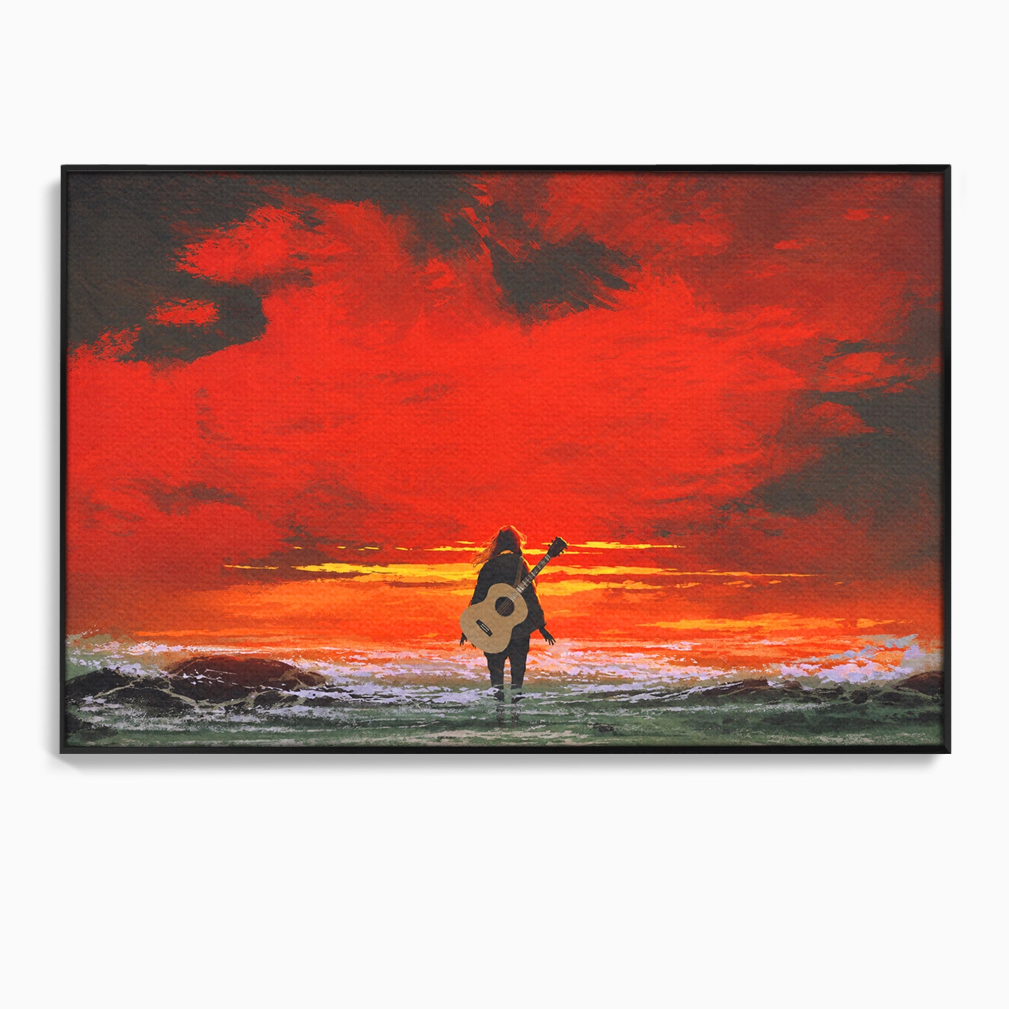 Tablou Canvas Premium LuxCanva® R1028, Chitara La Apus, Chitara, Apus, Ocean, Singuratate, Peisaj, Living, Dormitor, Culori Vibrante