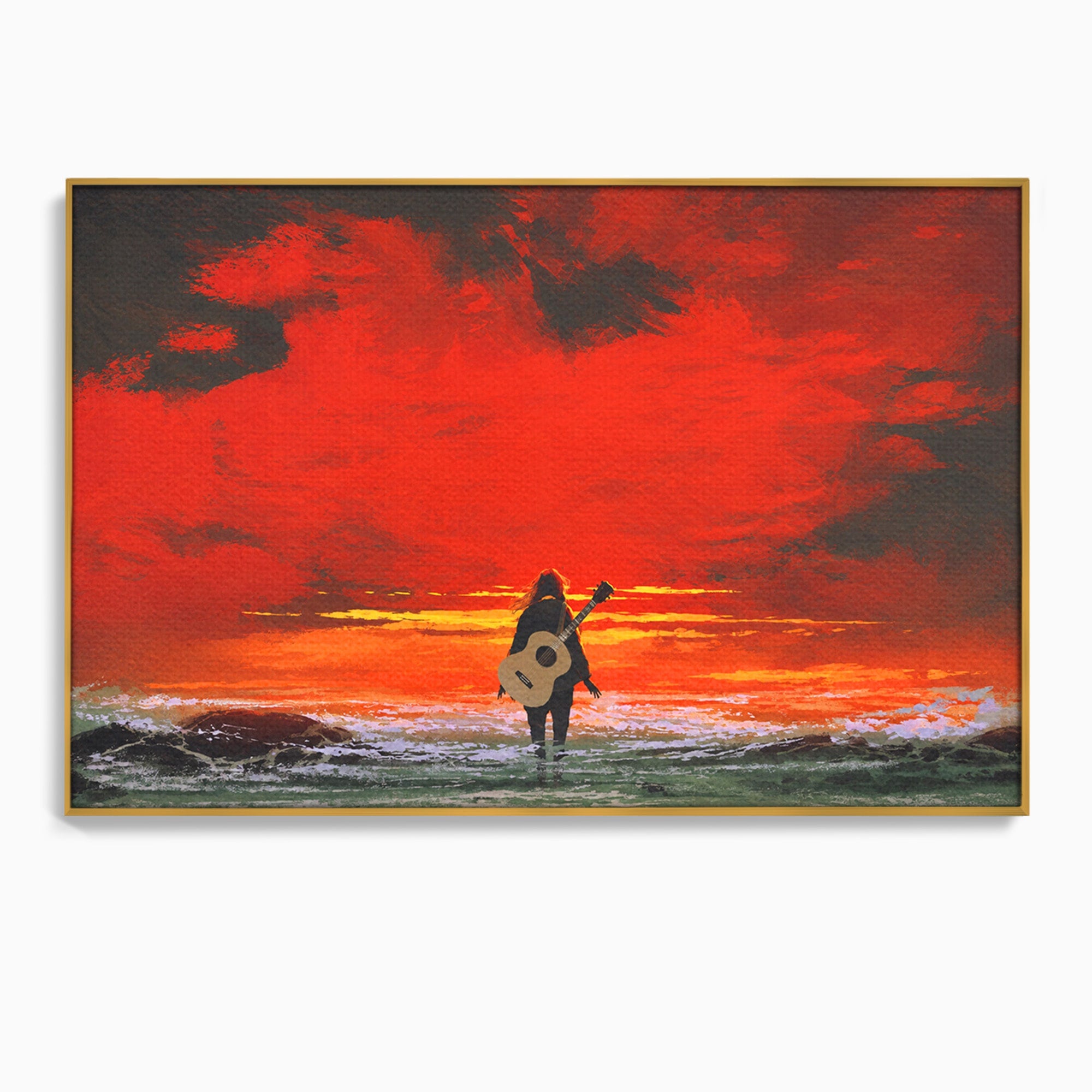 Tablou Canvas Premium LuxCanva® R1028, Chitara La Apus, Chitara, Apus, Ocean, Singuratate, Peisaj, Living, Dormitor, Culori Vibrante