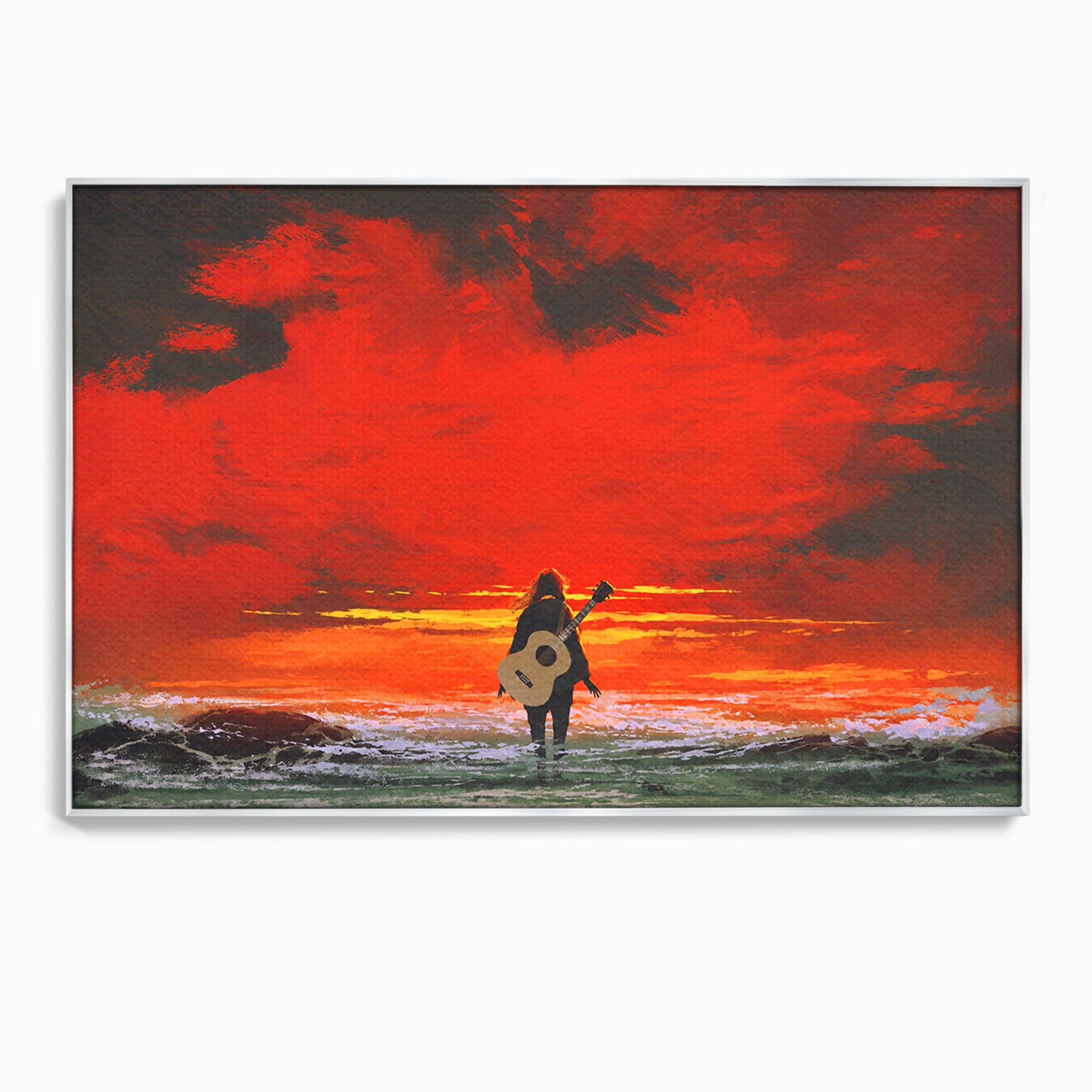 Tablou Canvas Premium LuxCanva® R1028, Chitara La Apus, Chitara, Apus, Ocean, Singuratate, Peisaj, Living, Dormitor, Culori Vibrante